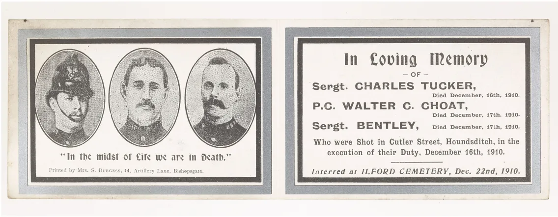 Vintage memorial card displaying portraits of three men with an inscription, "in loving memory of p.g. walter c. choat, and sgt. bentley," dated december 22, 1910.