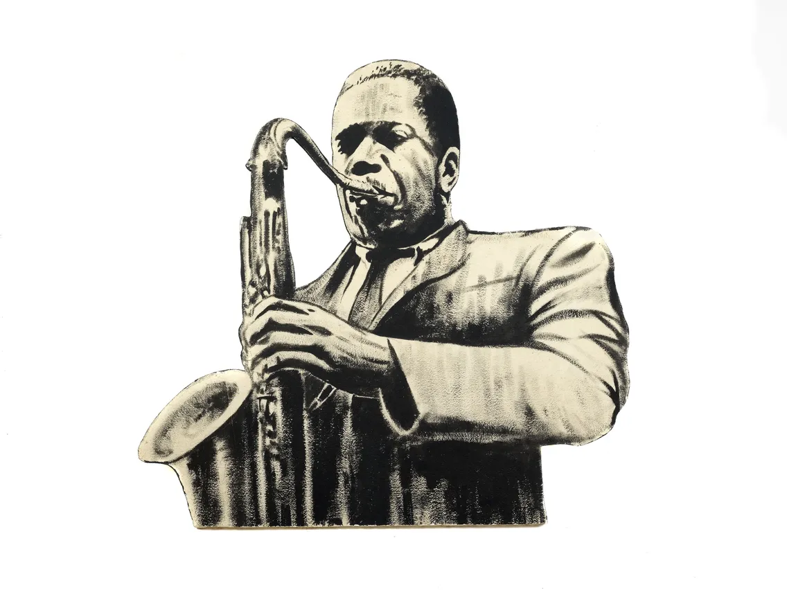 A black and white stencil of a man playing a saxophone, emphasizing strong facial expressions and detailed textures of his suit and the instrument.