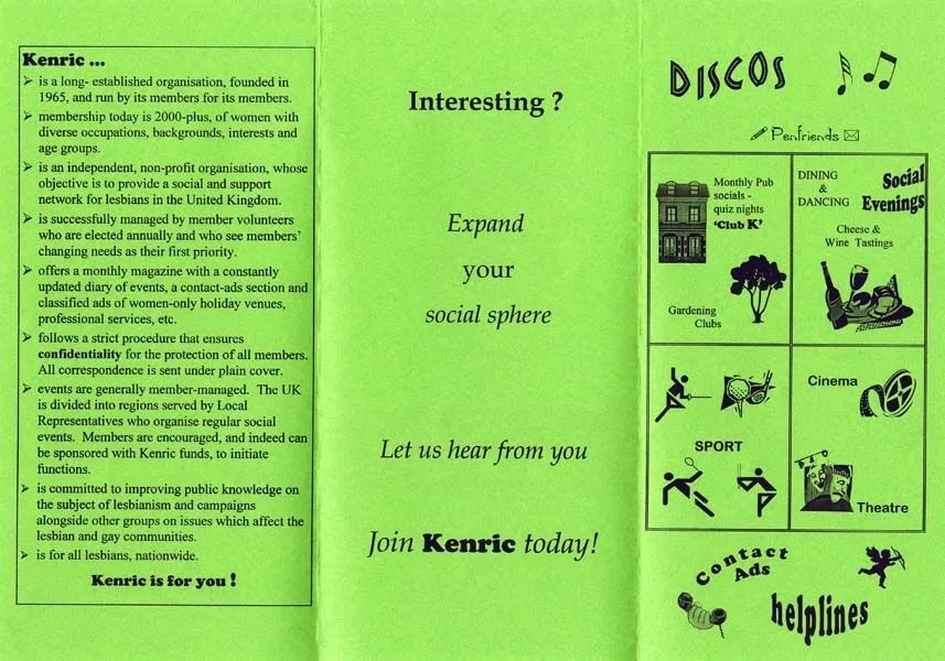 Promotional flyer for kenric, a lesbian social organization, highlighting membership benefits, social events, and contact information with vibrant green background and various icons.