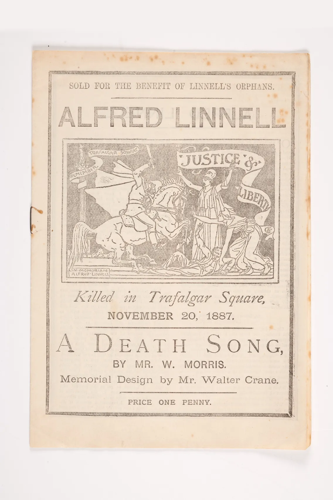 Victorian-era pamphlet titled "A Death Song" for Alfred Linnell, who met his Death in Trafalgar Square on November 20, 1887, featuring a memorial design and a justice-themed illustration raising awareness for charity and remembrance.