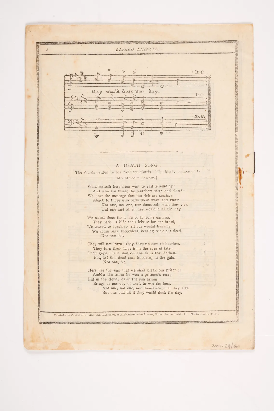 A sheet of paper with printed music notation and lyrics titled "A Death Song," resembling a pamphlet, featuring a short musical score at the top and text below.