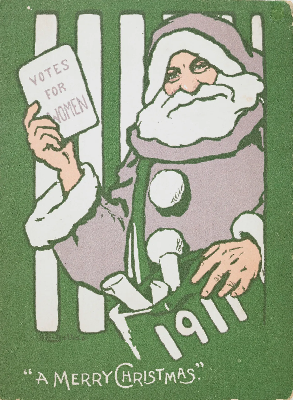 Santa claus in a green suit behind bars, holding a "votes for women" sign, with text "a merry christmas 1911" at the bottom.