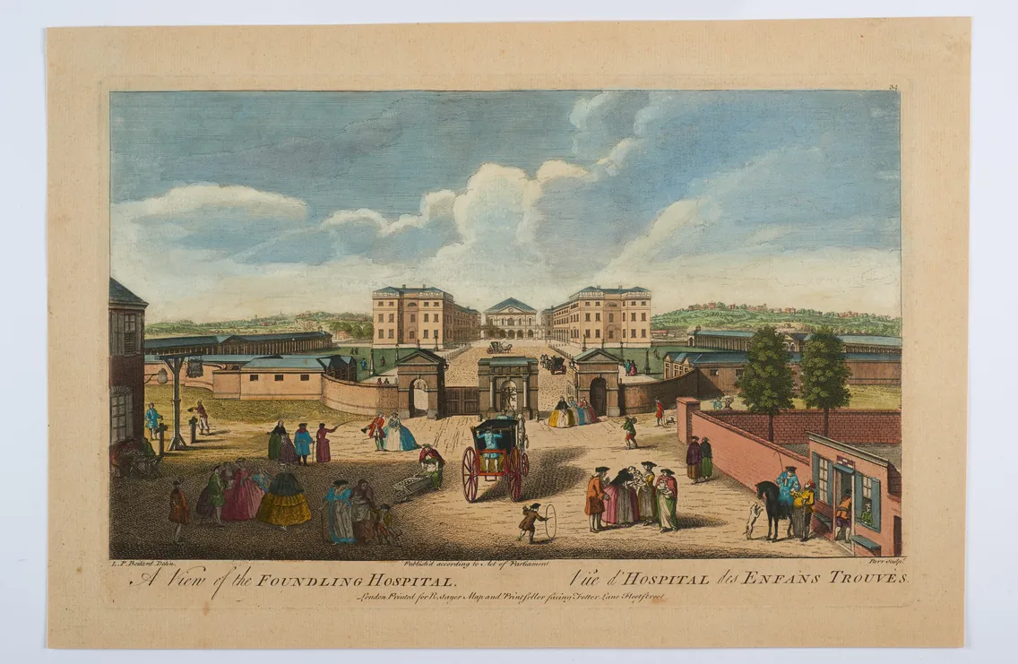 An illustration of the Foundling Hospital depicts people in 18th-century attire outside the hospital buildings, with a carriage and several groups of individuals in the foreground.