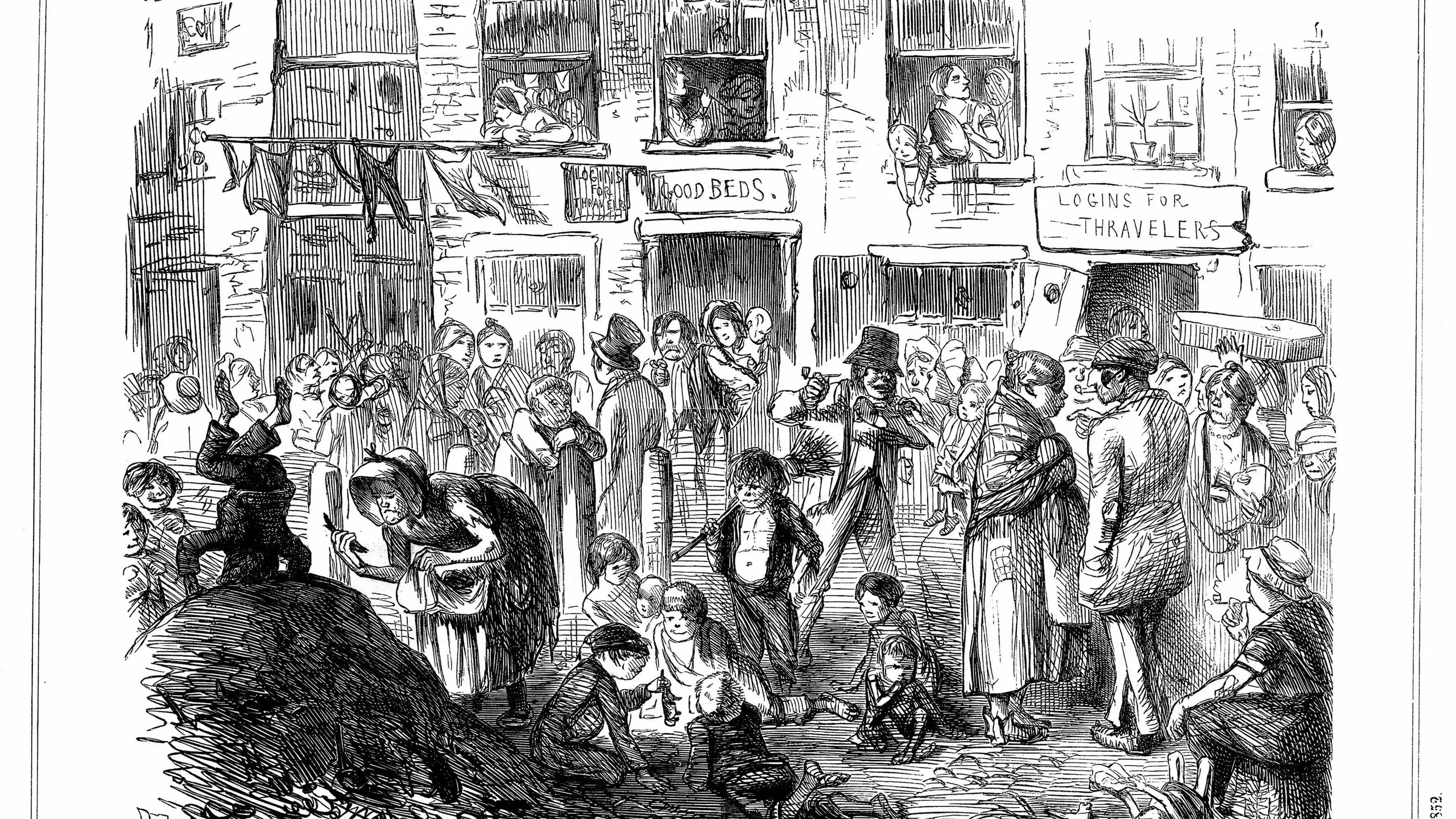 HTMJHE 'A Court for King Cholera' typical of crowded, unsanitary conditions in London slums. Cartoon from Punch London 25 September 1852. Wood engraving