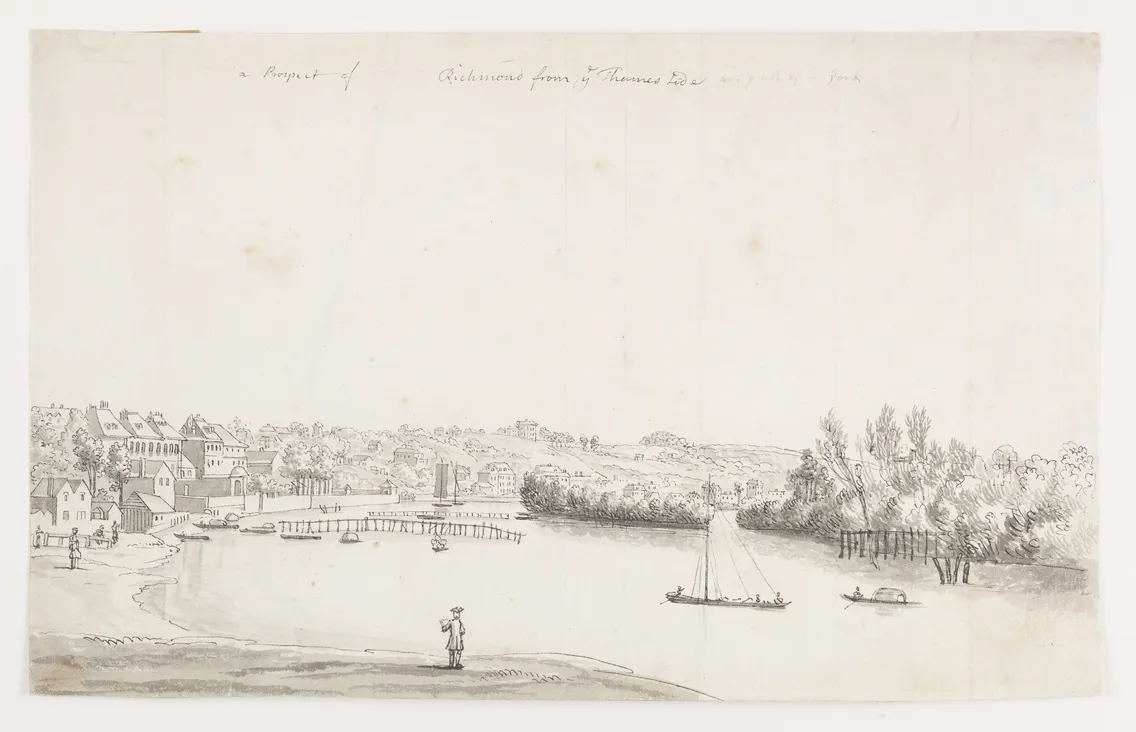 Historical sketch depicting a riverside village with boats, a bridge, and a lone figure in the foreground, titled "richmond from thames ditton looking up towards lock.