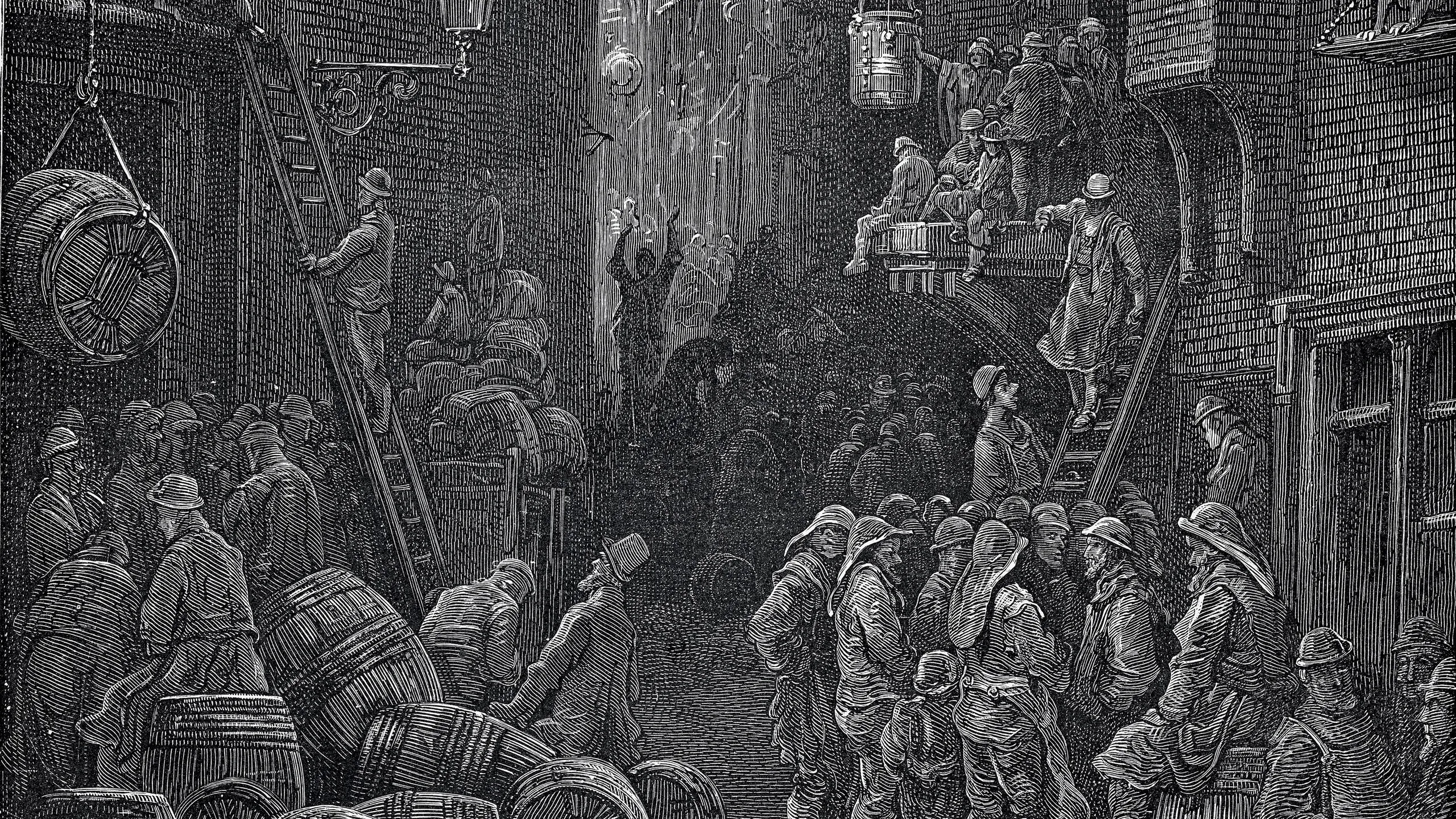 Black and white illustration depicting a bustling historical scene inside a warehouse with workers, barrels, and goods, highlighted by dramatic lighting.