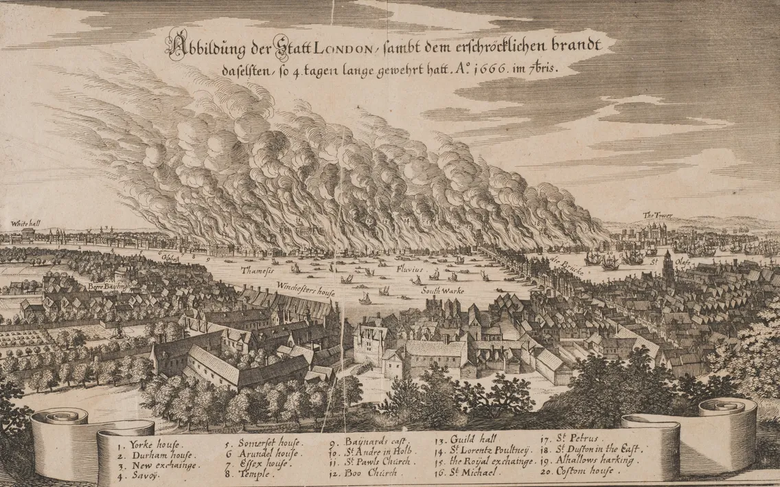 An old engraving shows the Great Fire of London in 1666, with large clouds of smoke over the city’s buildings and a key labeling notable locations in the foreground.