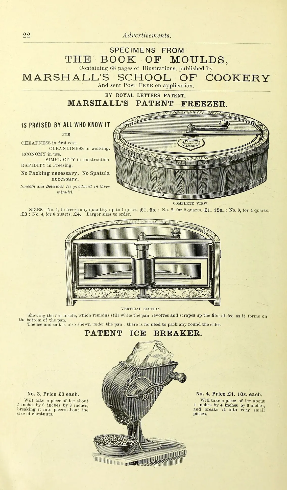 Black-and-white advertisement page featuring illustrations of Marshall's Patent Freezer, an ice breaker, and descriptive text promoting cooking equipment.