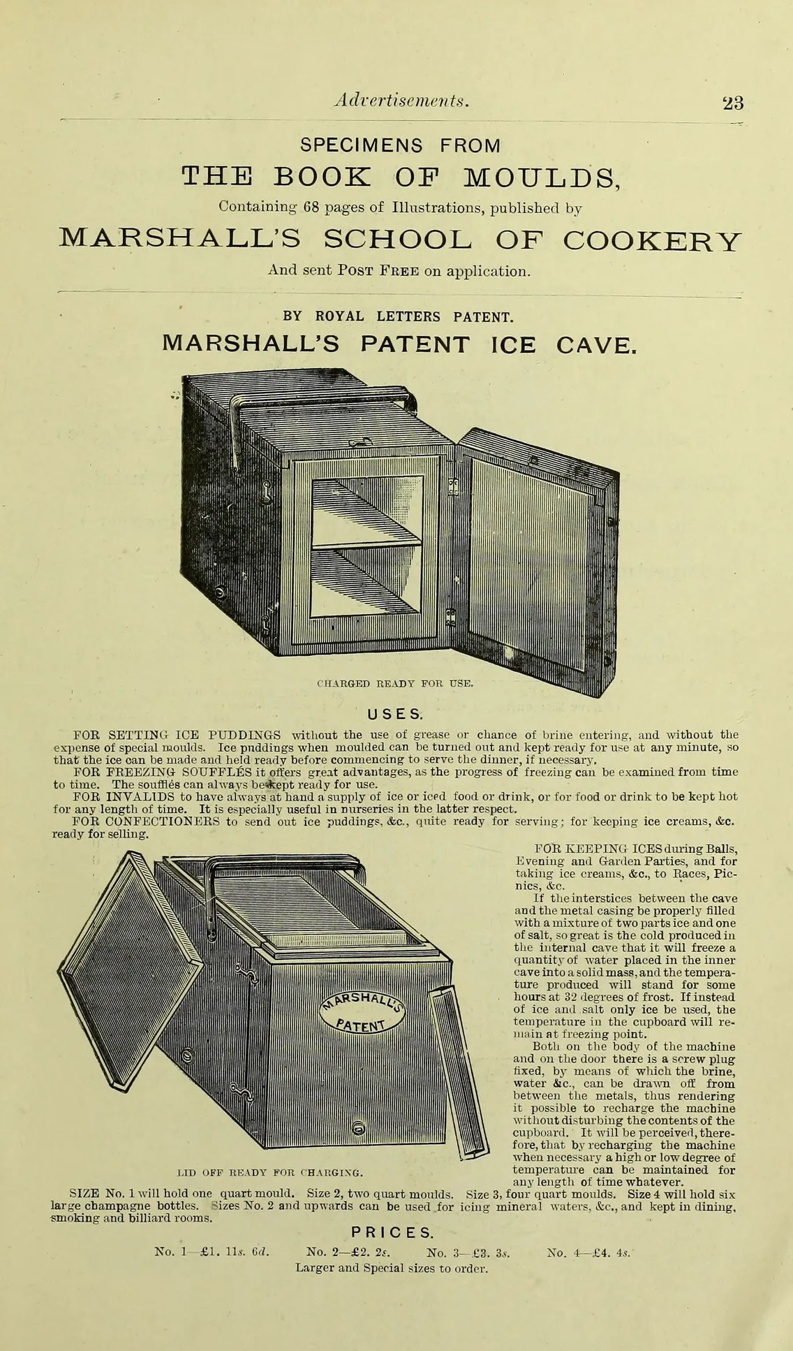 Advertisement page showing illustrations and descriptions of Marshall's Patent Ice Cave, an early refrigeration device, along with its uses and prices.