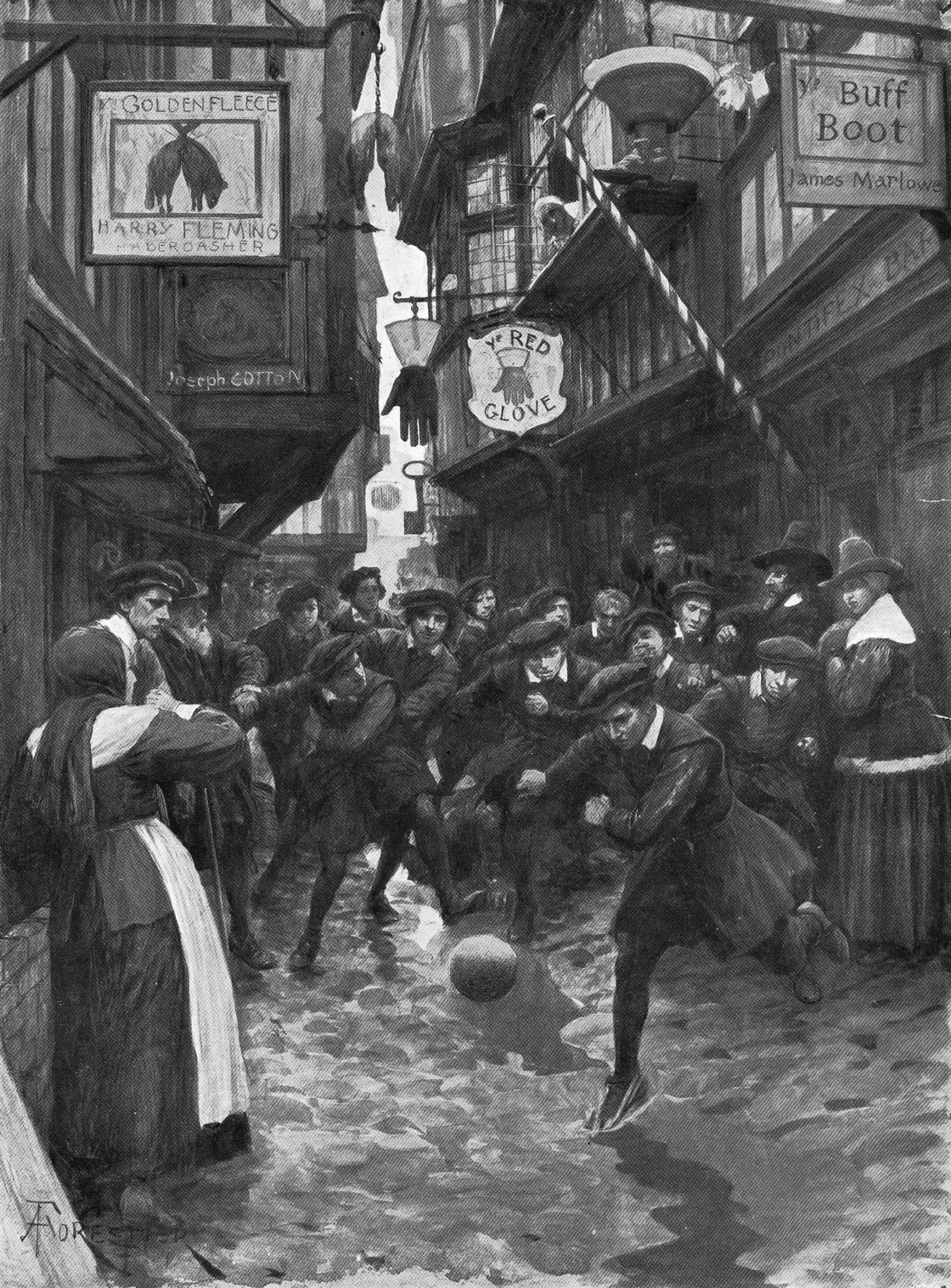 A black-and-white illustration of a group of young men playing football in a narrow alley