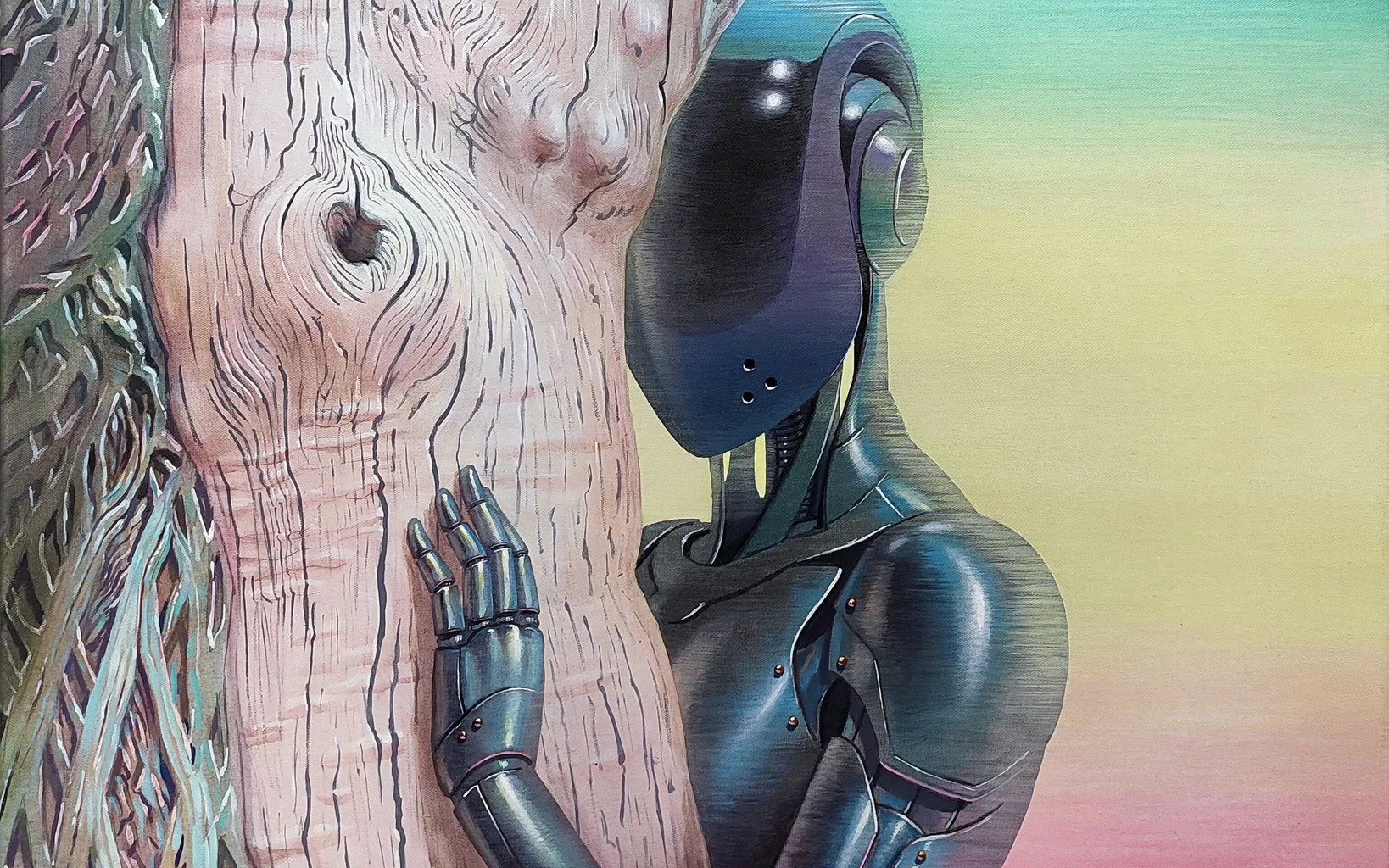 A cyborg standing behind a tree with its hand and face resting on the trunk