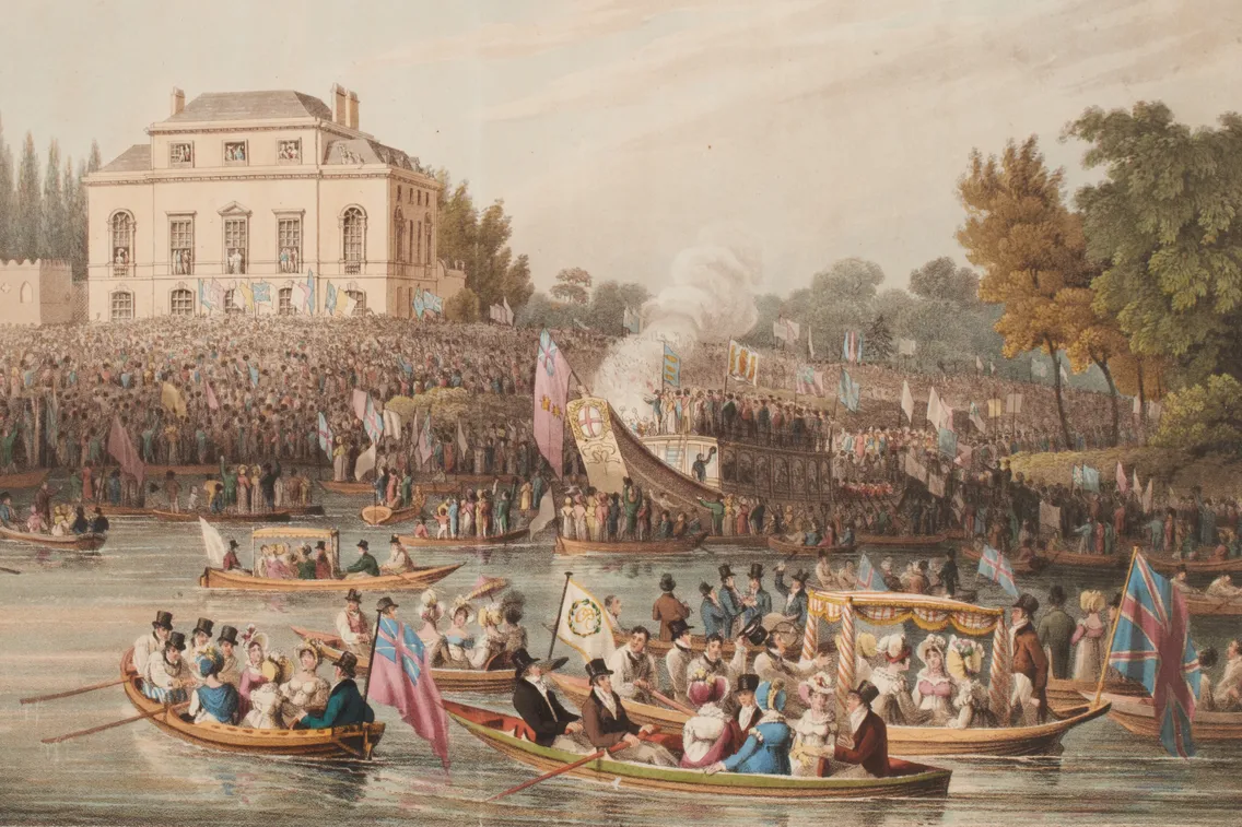 A colour illustration with several boats at the forefront on water, with a large building on a hill with crowds of people in the background.