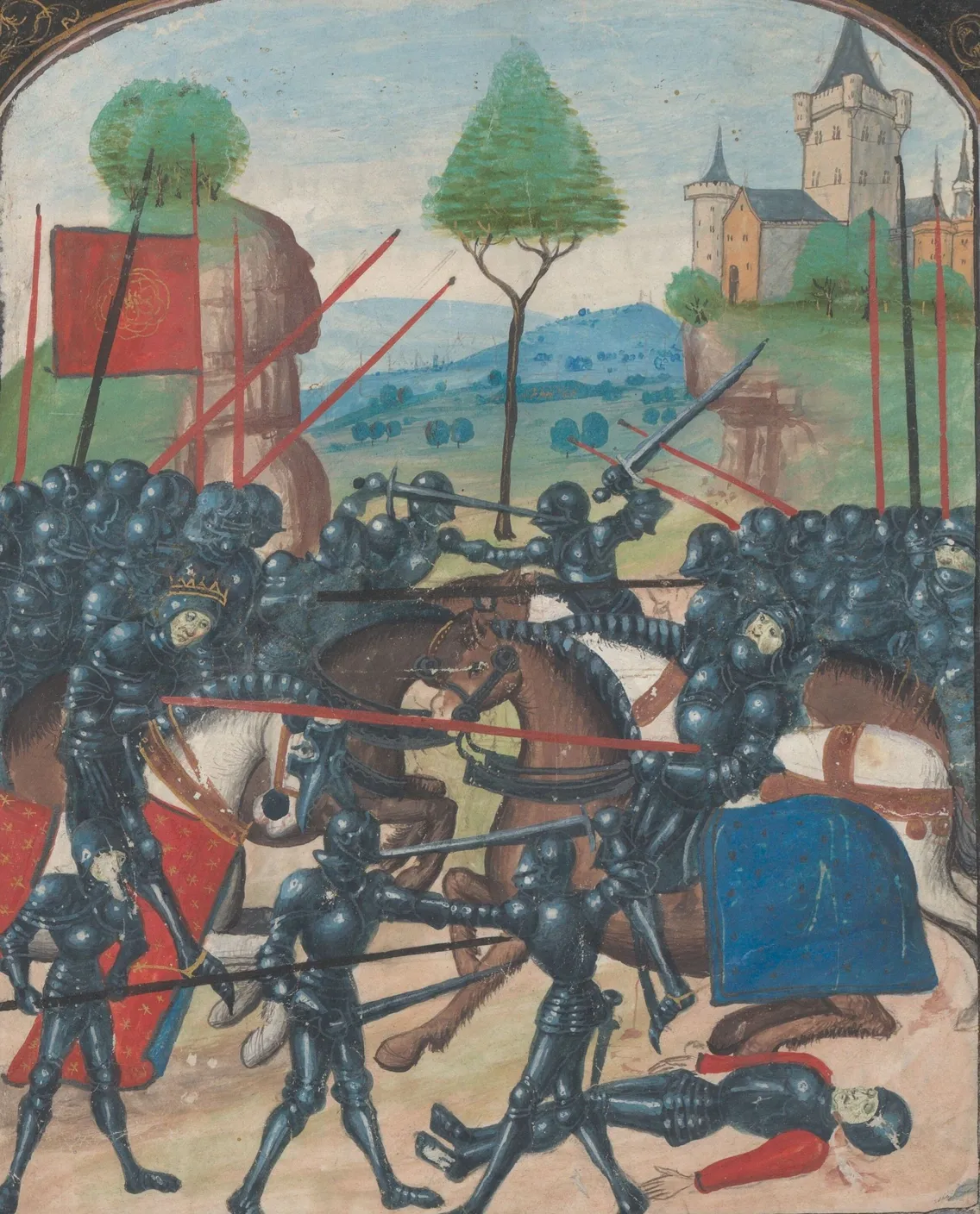 A colourful scene with armoured soldiers attacking each other, with a castle and greenery in the background