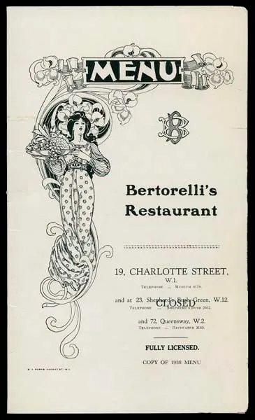 Vintage 1938 menu cover for bertorelli's restaurant, featuring an elegant art nouveau design with a woman, ornate floral patterns, and detailed typography.