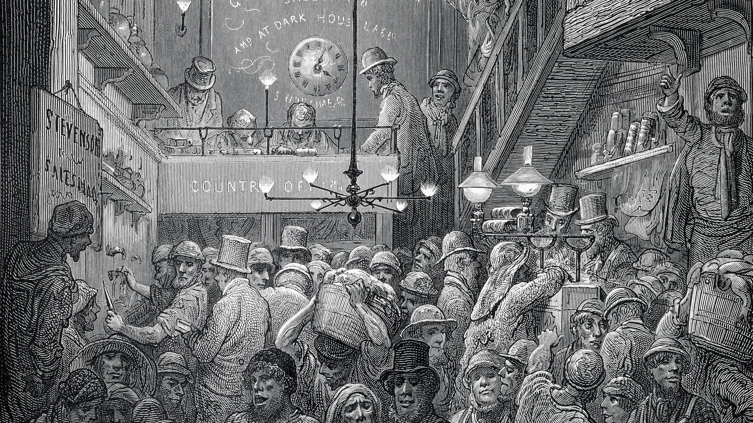 Detailed illustration of a bustling indoor market scene with numerous people shopping and interacting amidst stalls and hanging signs.