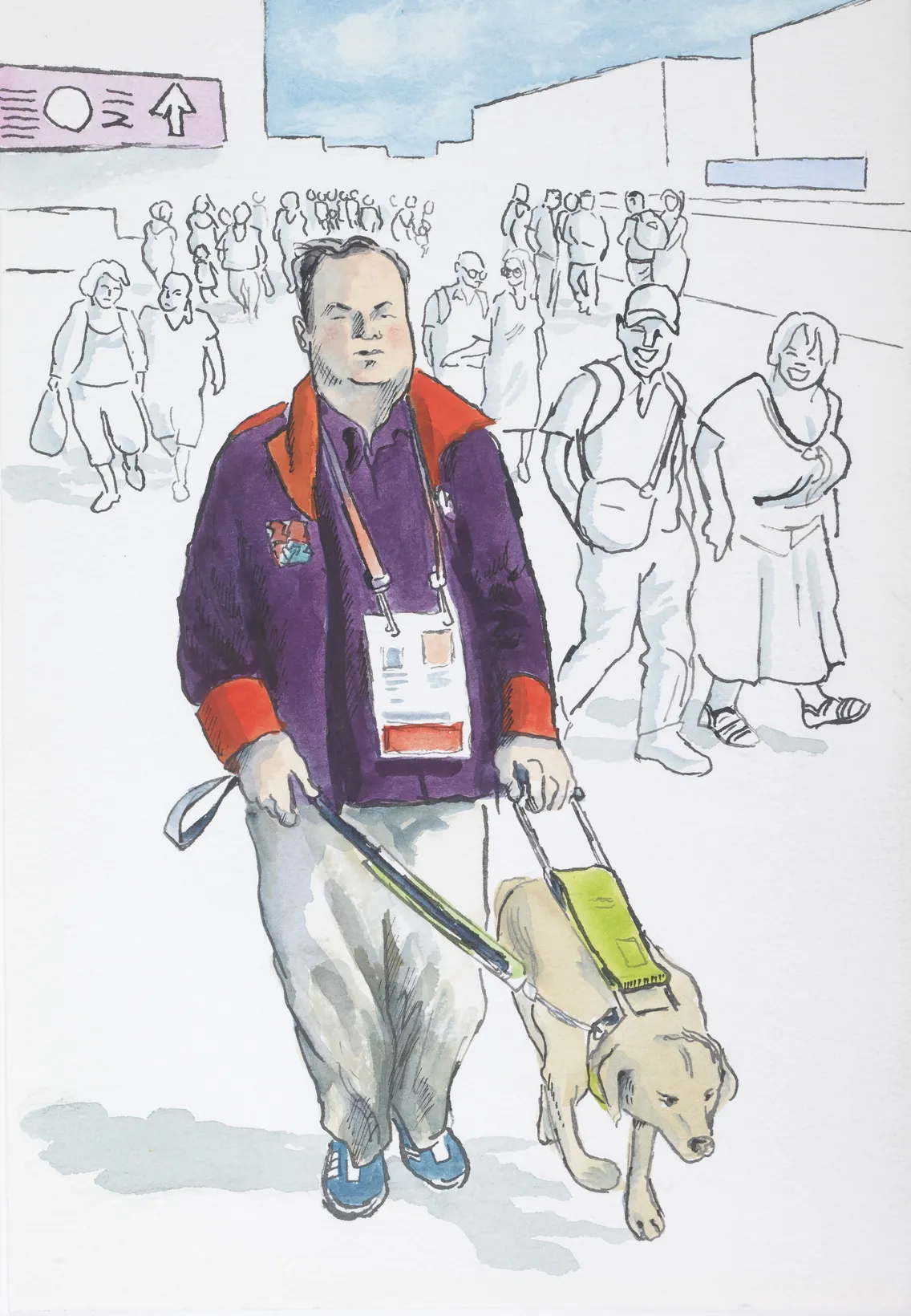 A man with a badge and a guide dog walks confidently through a busy outdoor area with people in the background.