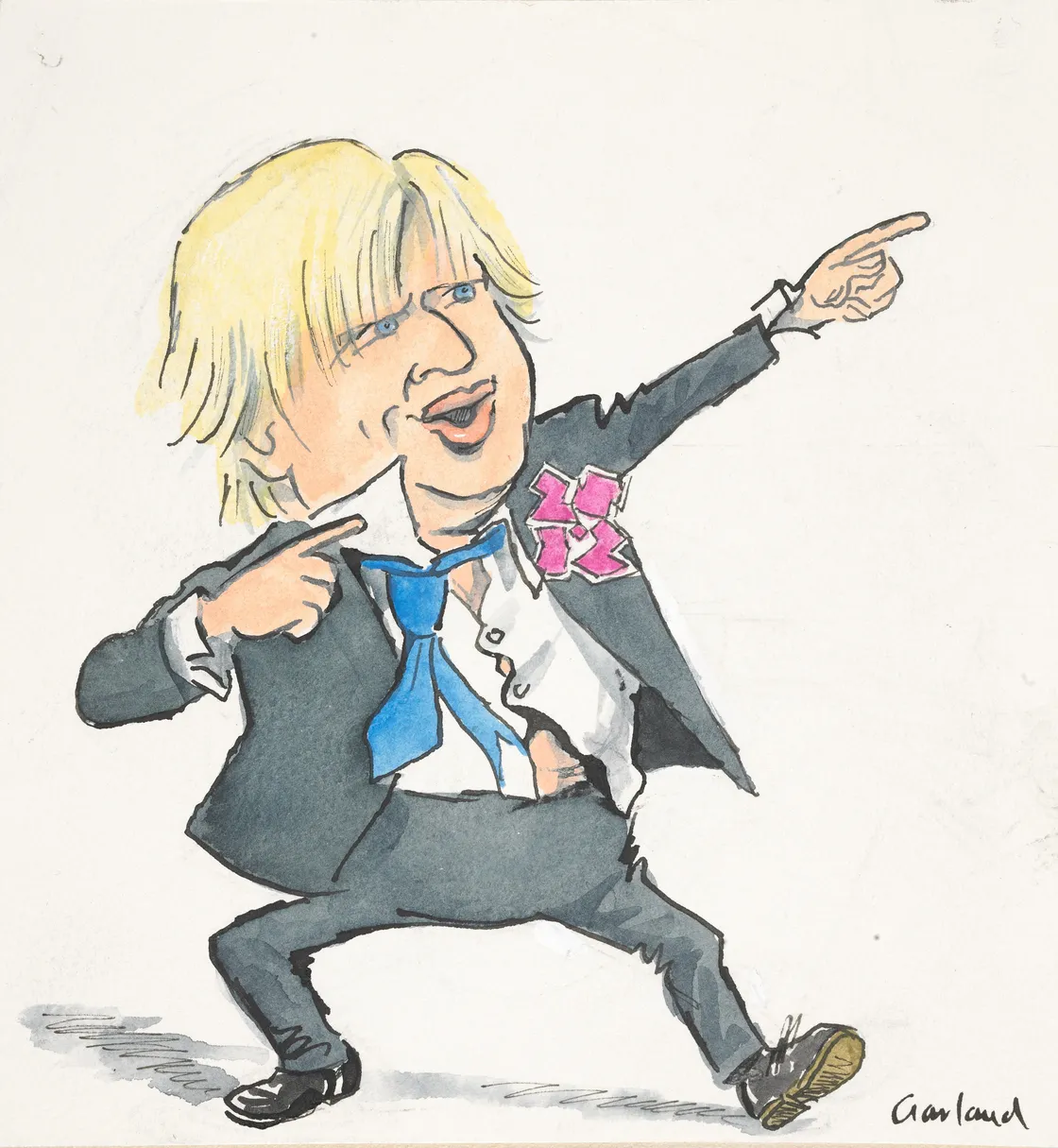 Caricature of a disheveled man in a suit with exaggerated blonde hair, pointing and winking, with a pink medal on his chest.