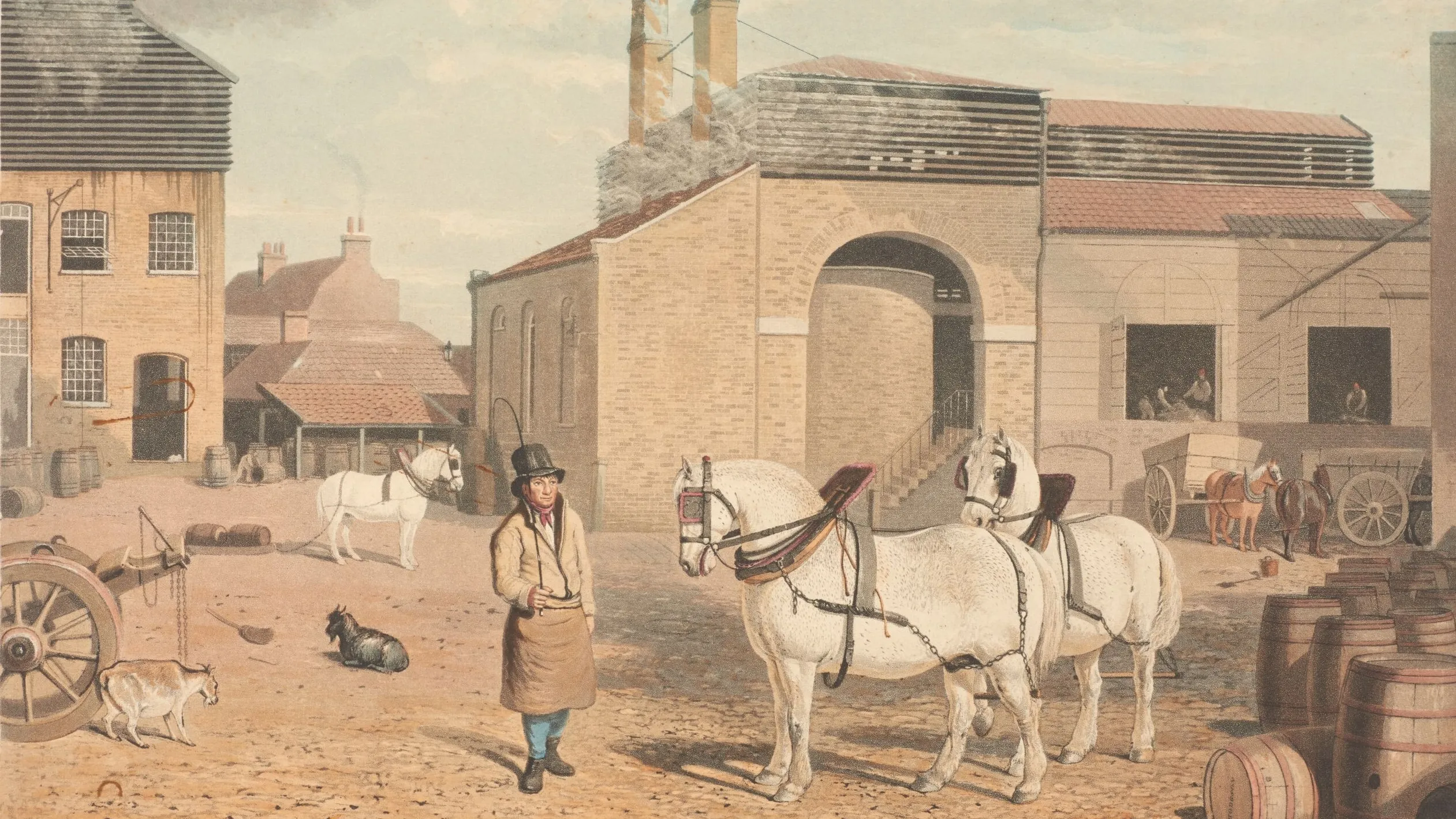 Historical print depicting bow brewery with horses, carts, barrels, and a man standing in the forefront, set against industrial buildings.