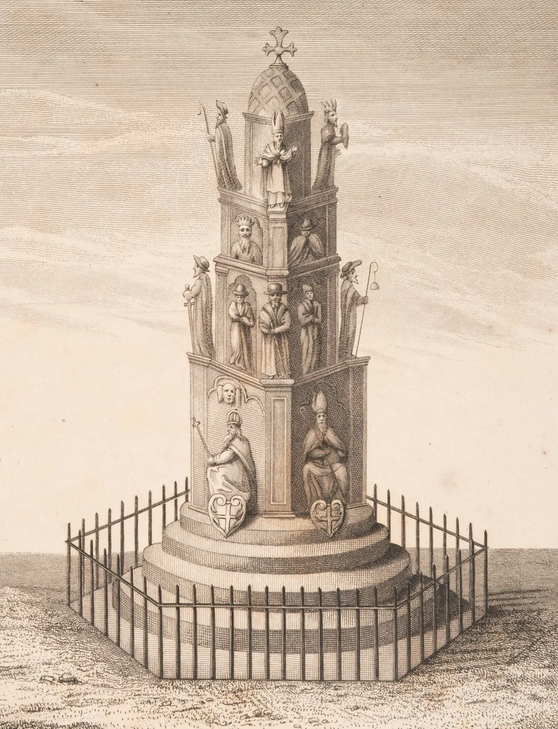 Illustration of a tiered monument with sculptures on each level, surrounded by a fence, against a cloudy sky backdrop.
