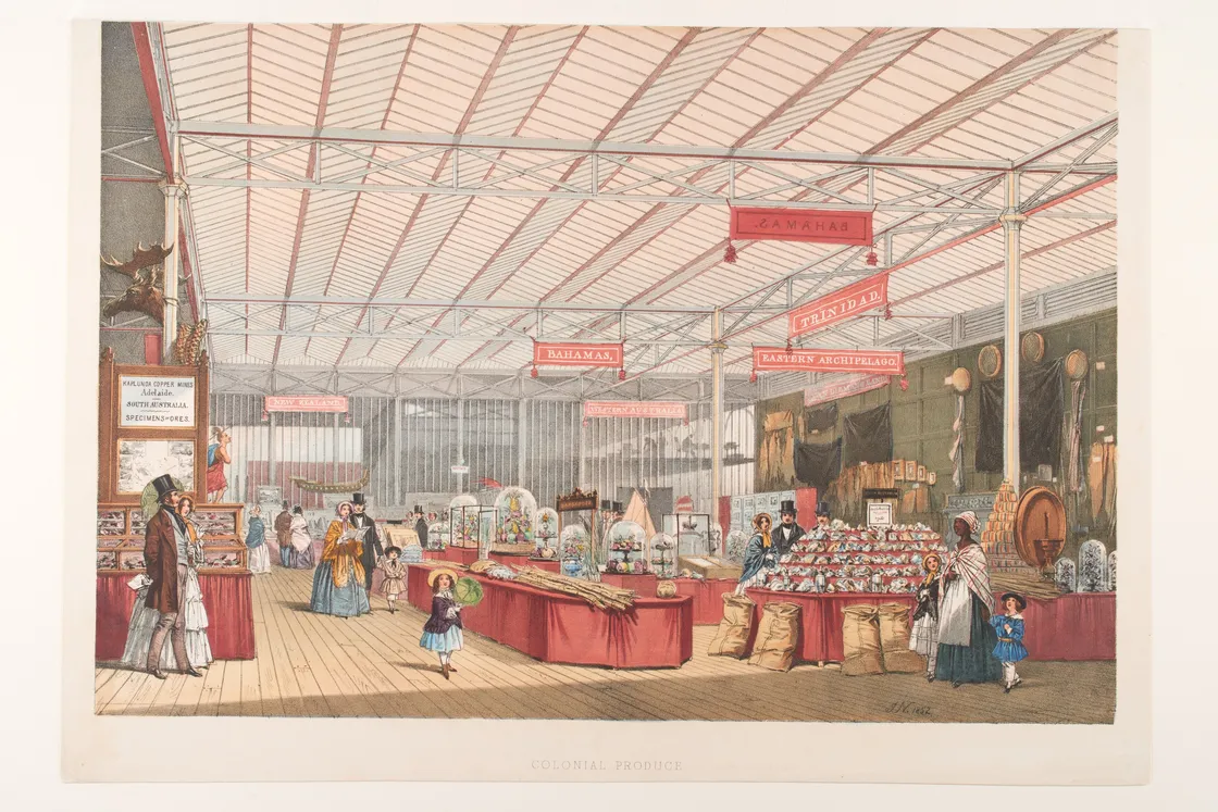 Illustration of stalls showing showing produce from places like the Bahamas and Trinidad.