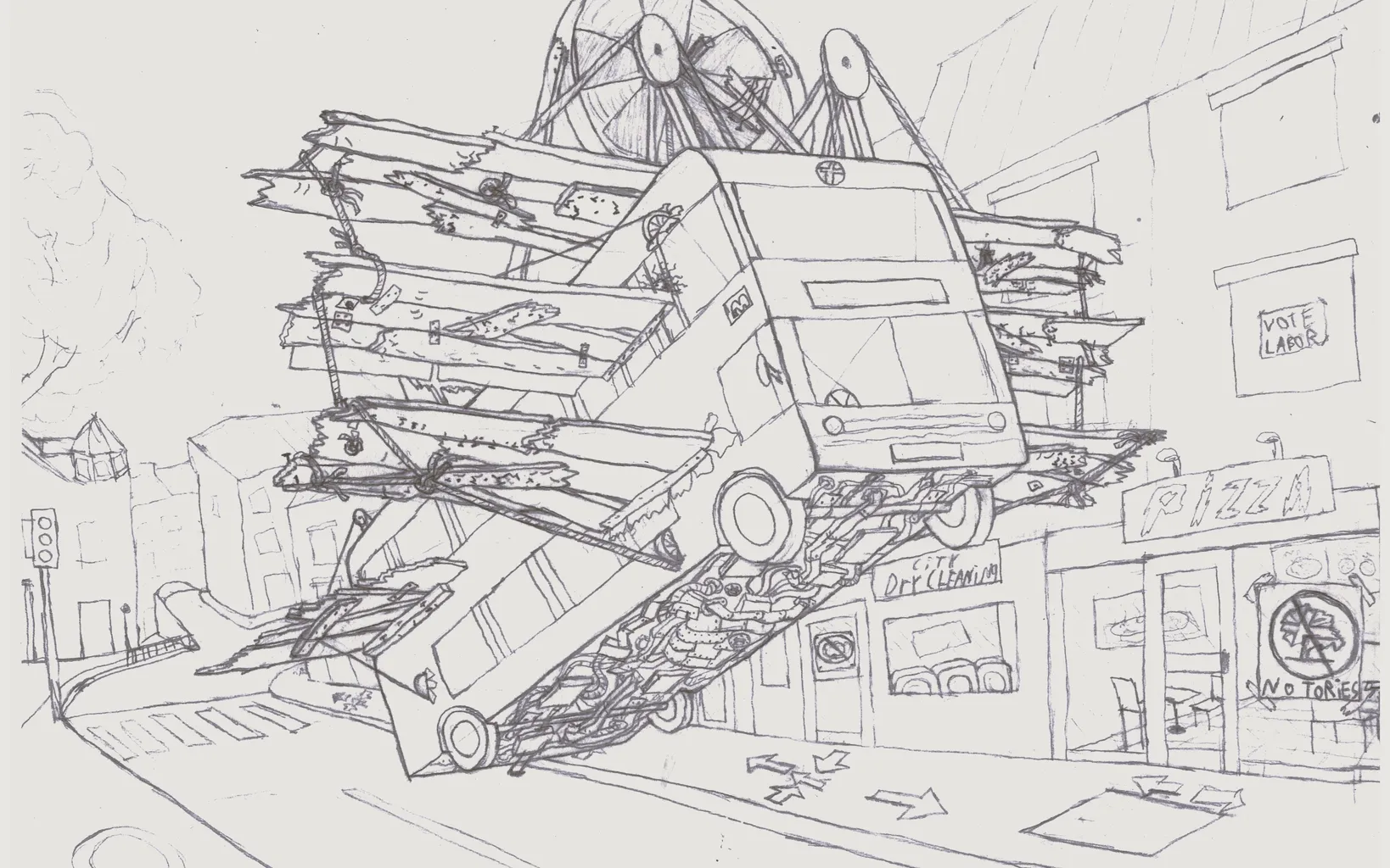 A pencil and paper drawing showing a bus with wings, flying up into the air from a road on a high street.