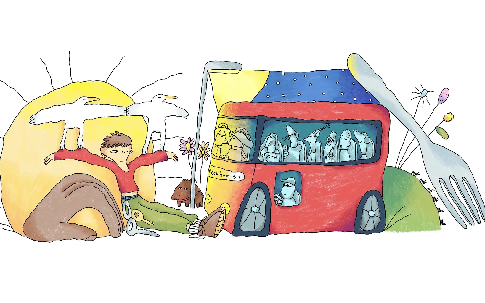A colorful drawing shows a boy holding two birds, a large sun, a red double-decker bus full of passengers, a snail, a fork, a flower, and a butterfly on a white background.