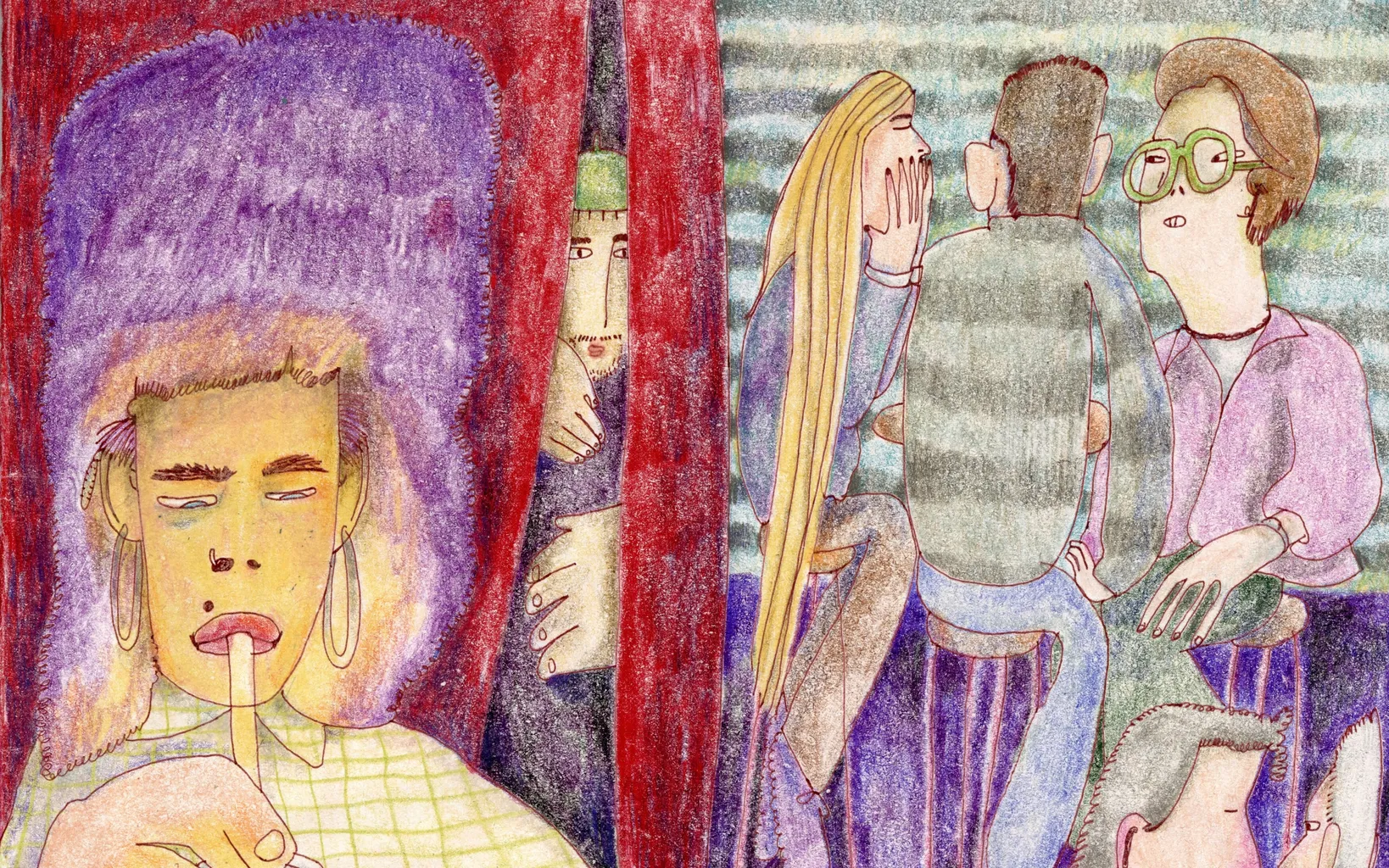 Colorful drawing of people in a bar; one person in front with a drink, others whispering and talking in the background, and a figure peeking from behind a red curtain.