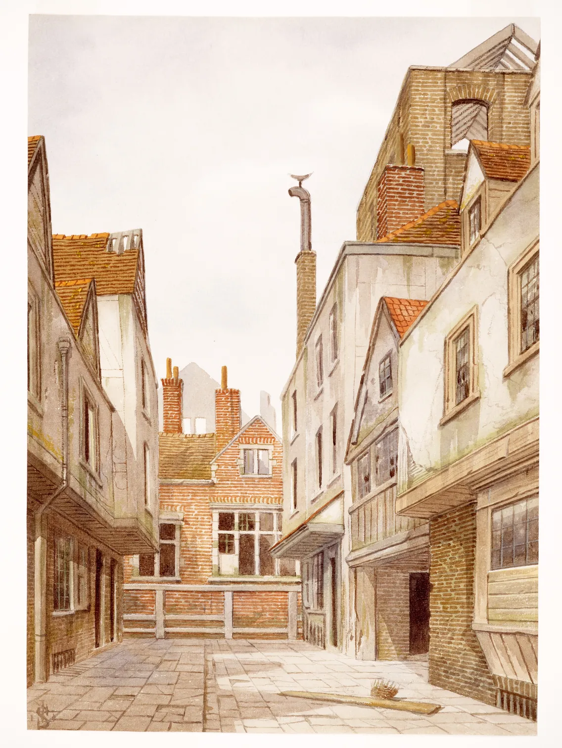 Watercolor illustration of a narrow, deserted alley lined with old brick buildings and intricate architectural details under a cloudy sky.