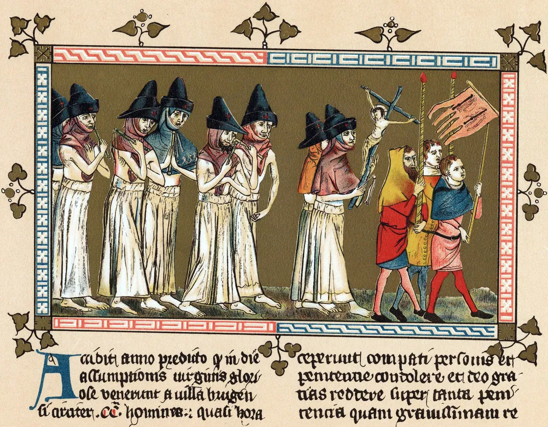 Medieval illustration of plague victims walking in a line, some with covered mouths, while others carry sticks; figures wear robes and hats, with decorated border.