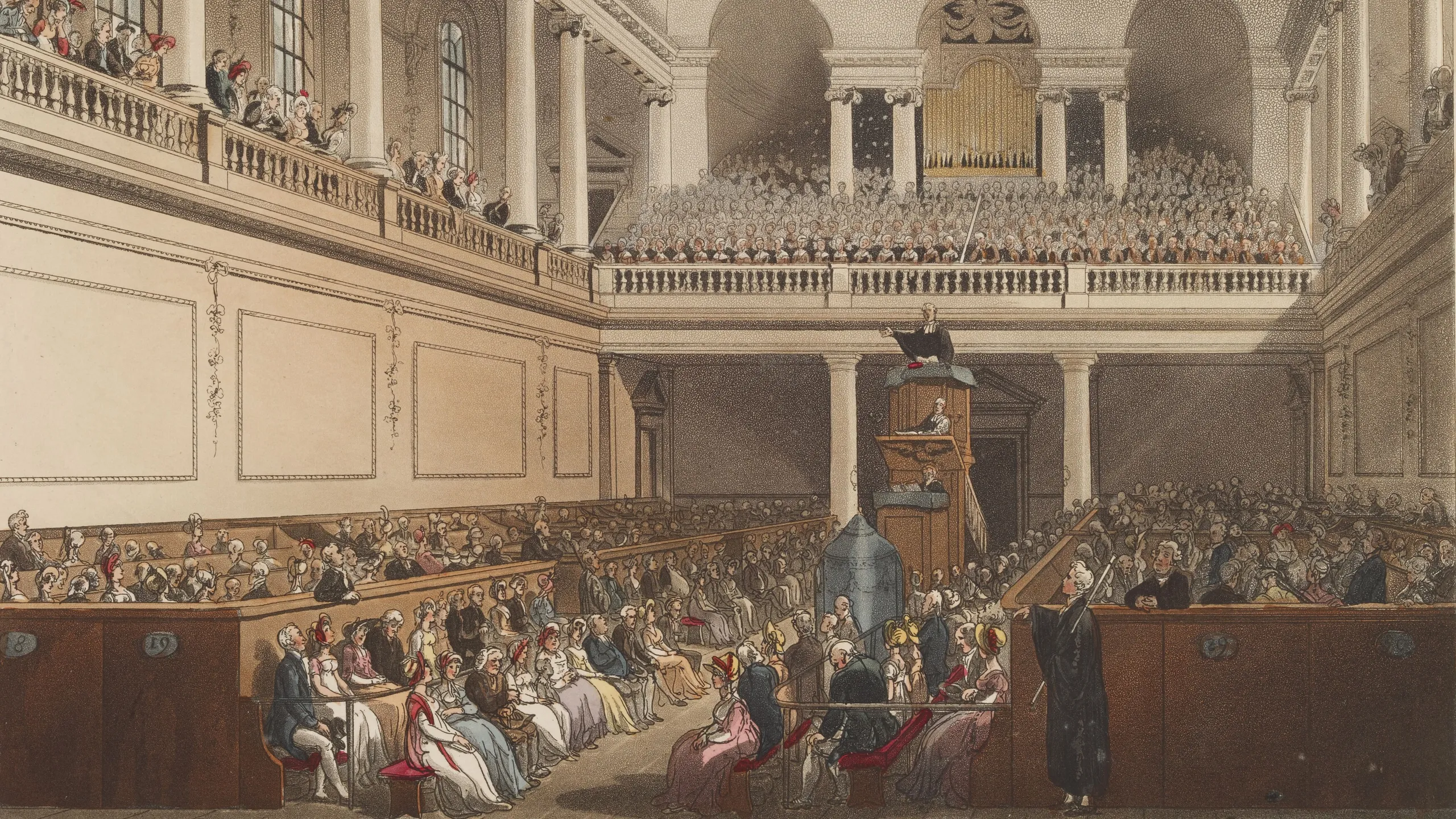 Historical print depicting the interior of the foundling hospital chapel, london, with people in 18th-century attire attending a service.