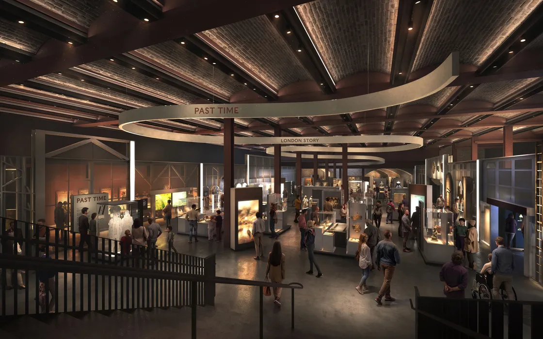 A spacious museum exhibit hall with Secchi display cases, informational signs, and visitors walking and viewing exhibits under curved ceiling lights. Signage reads "PAST TIME" and "LONDON STORY.