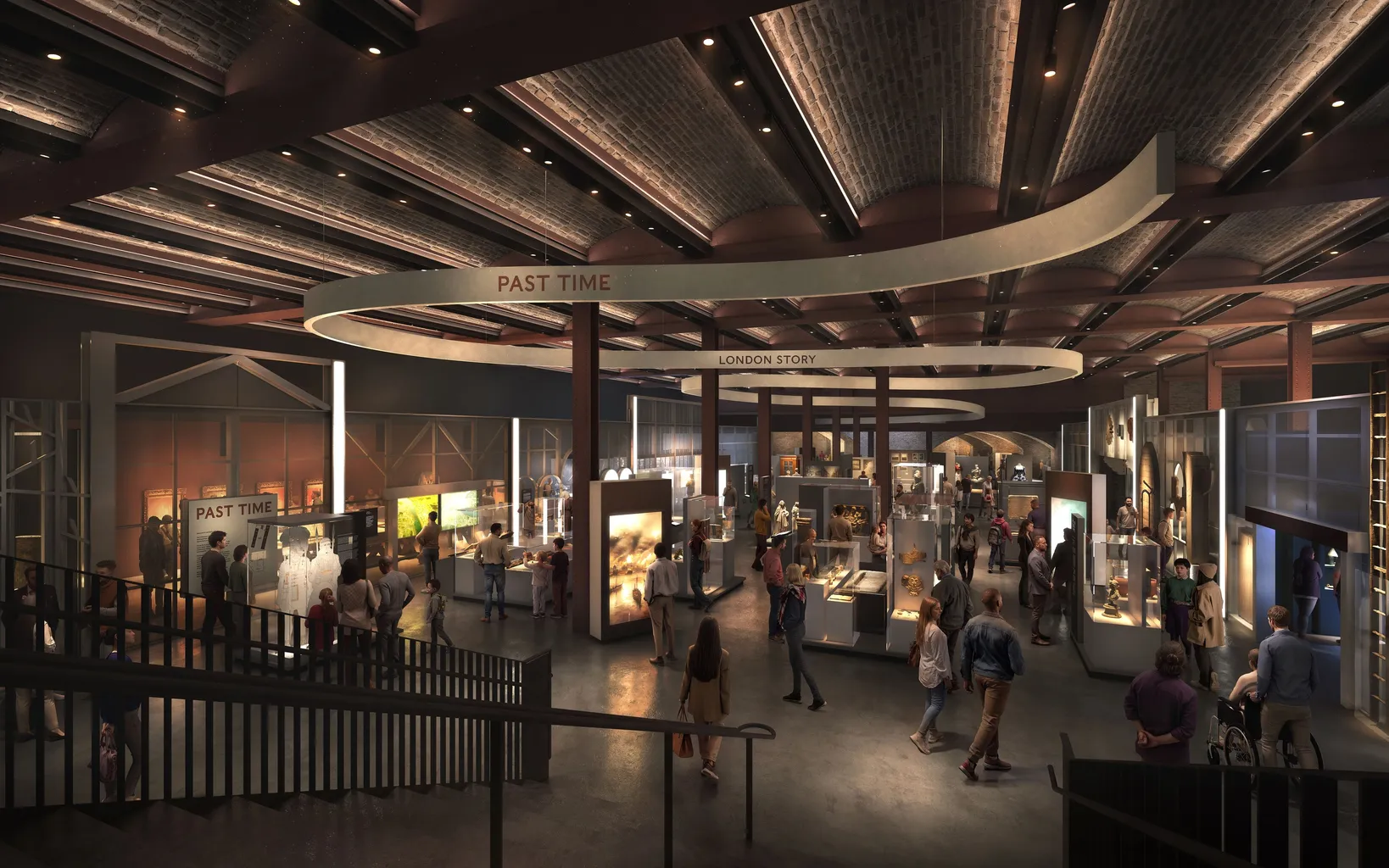 A spacious museum exhibit hall with display cases, informational signs, and visitors walking and viewing exhibits under curved ceiling lights. Signage reads "PAST TIME" and "LONDON STORY.
