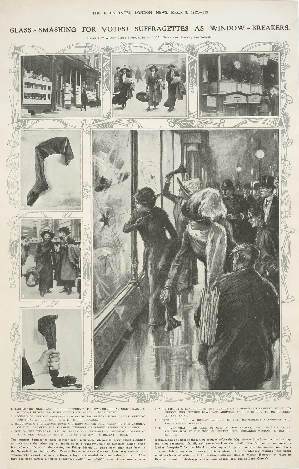 Illustration from "the illustrated london news" (march 8, 1913) depicting suffragettes breaking windows as part of their campaign for women's voting rights.