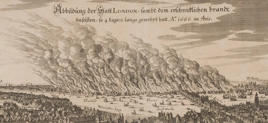 A historic illustration depicts the Great Fire of London in 1666, with buildings engulfed in flames and smoke rising into the sky, stretching across the cityscape and the Thames River.