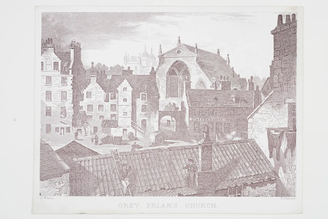 Engraving of grey friar's church surrounded by old buildings, showcasing intricate architectural details and textures.