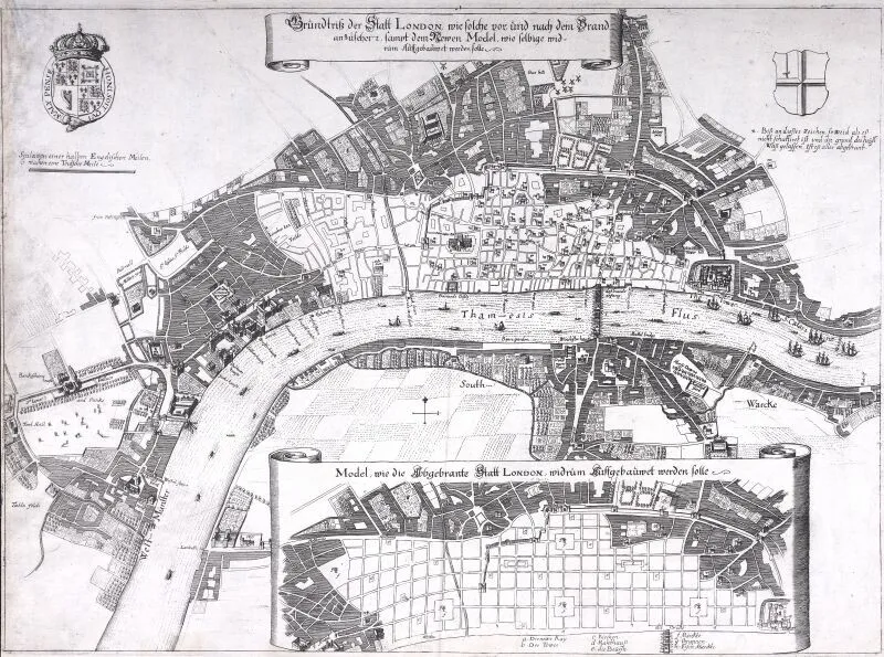Historical map of london displaying the city’s layout with labeled streets and notable landmarks by the river thames.