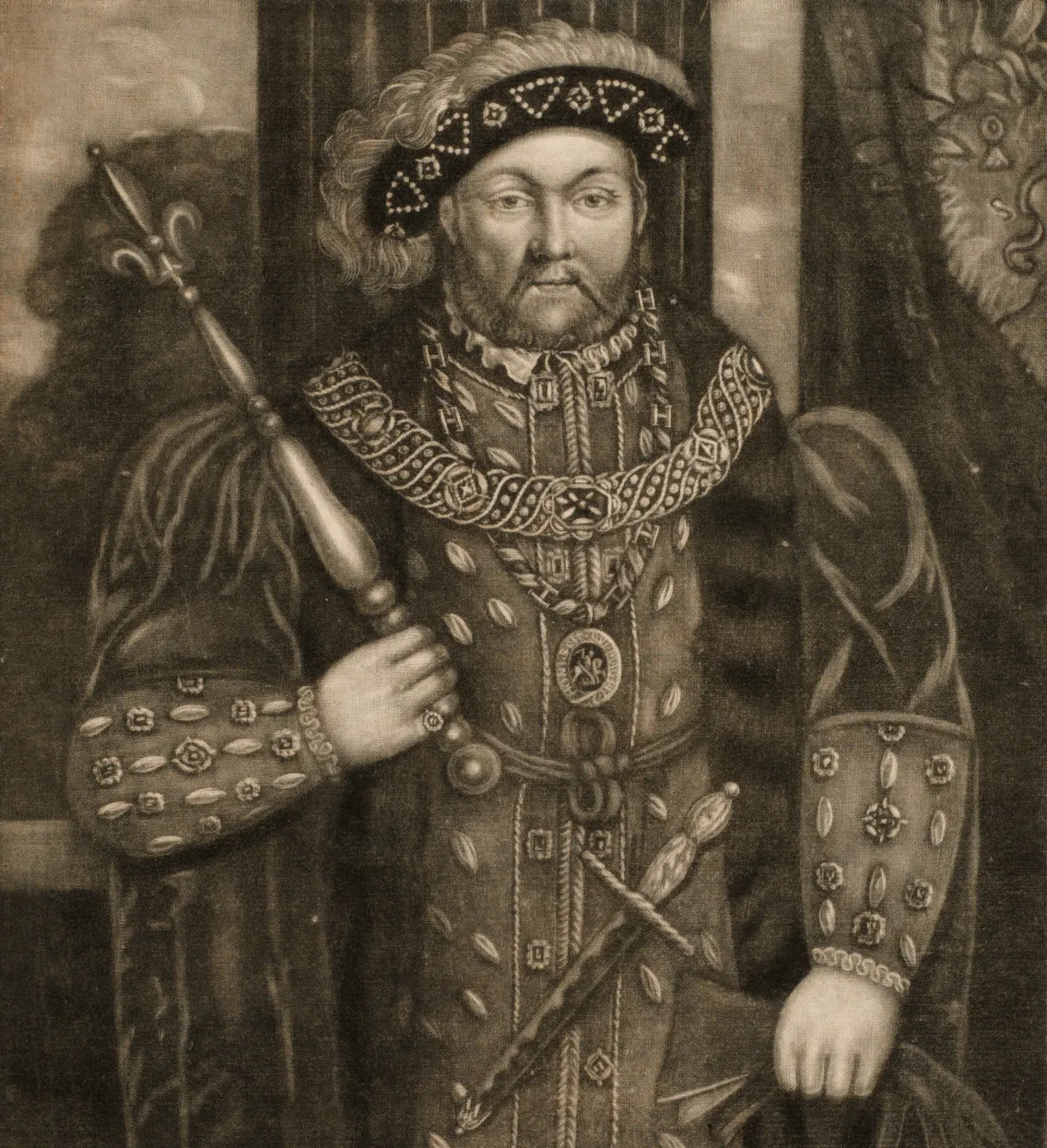 A black and white illustration depicts a historical figure wearing regal attire, holding a scepter, with an inscription naming him Henry VIII, King of England.