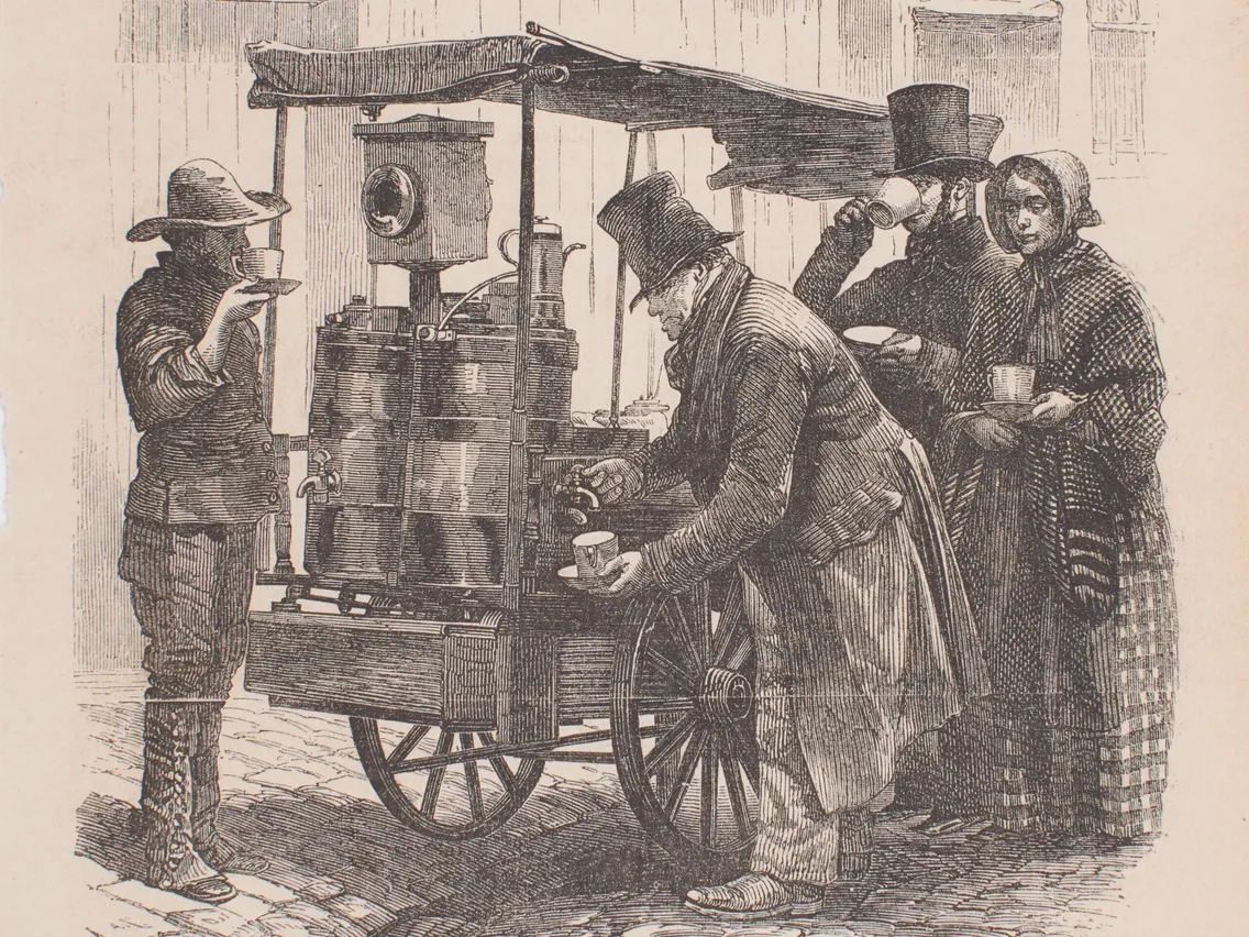 An etching of three customers around a coffee stall, with a man serving coffee