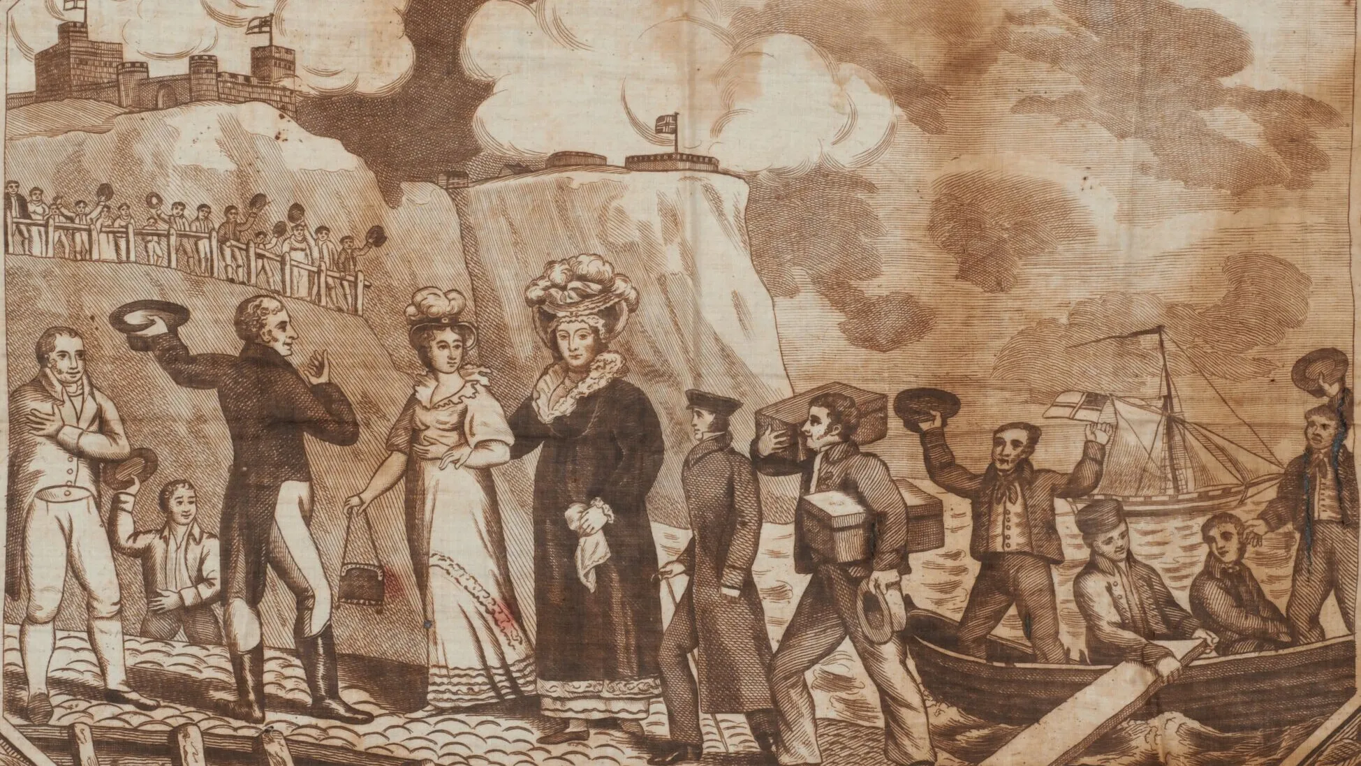 An antique illustration depicts Queen Caroline landing at Dover on June 5th, 1820, with onlookers, ships, and a dock. The border features portraits labeled "Justice," "Mercy," "Royalty," and "Innocence.