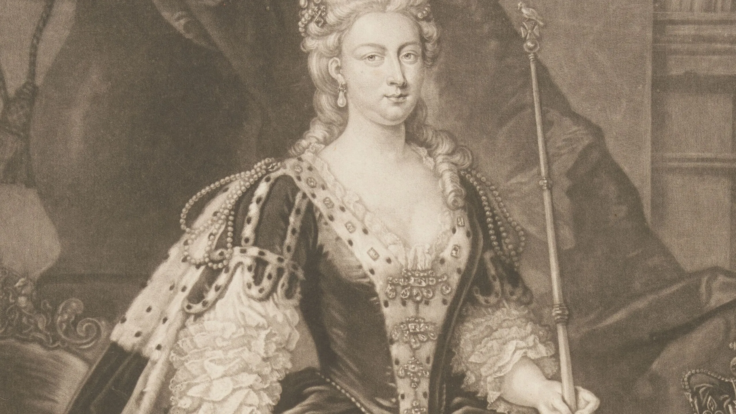 A historical portrait of a regal woman in elaborate 18th-century attire, holding a sceptre and seated with a detailed background that includes drapery and ornate furniture.