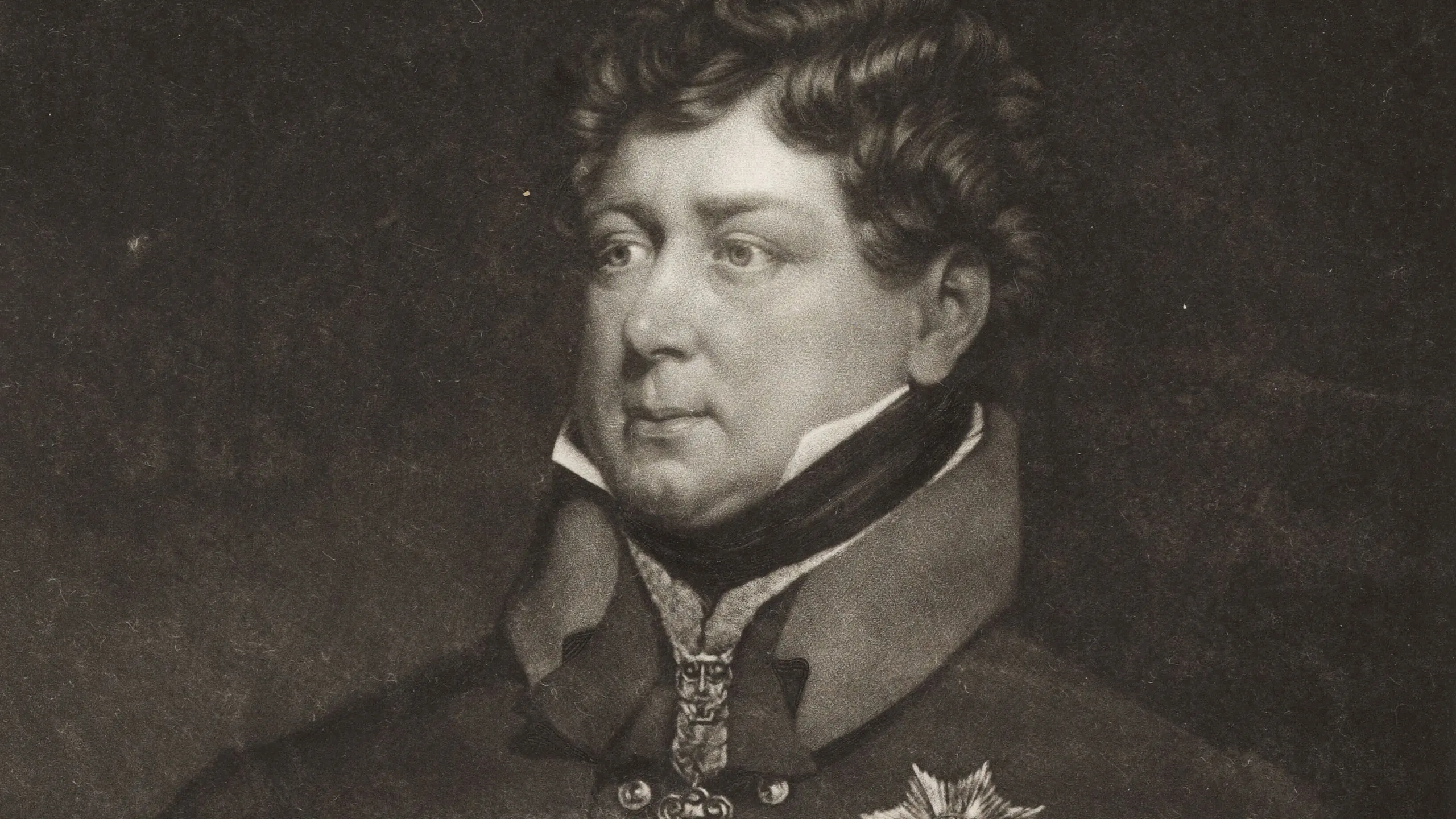 Portrait of king george iv in military attire with medals, framed by an ornate border, with inscriptions below the image.