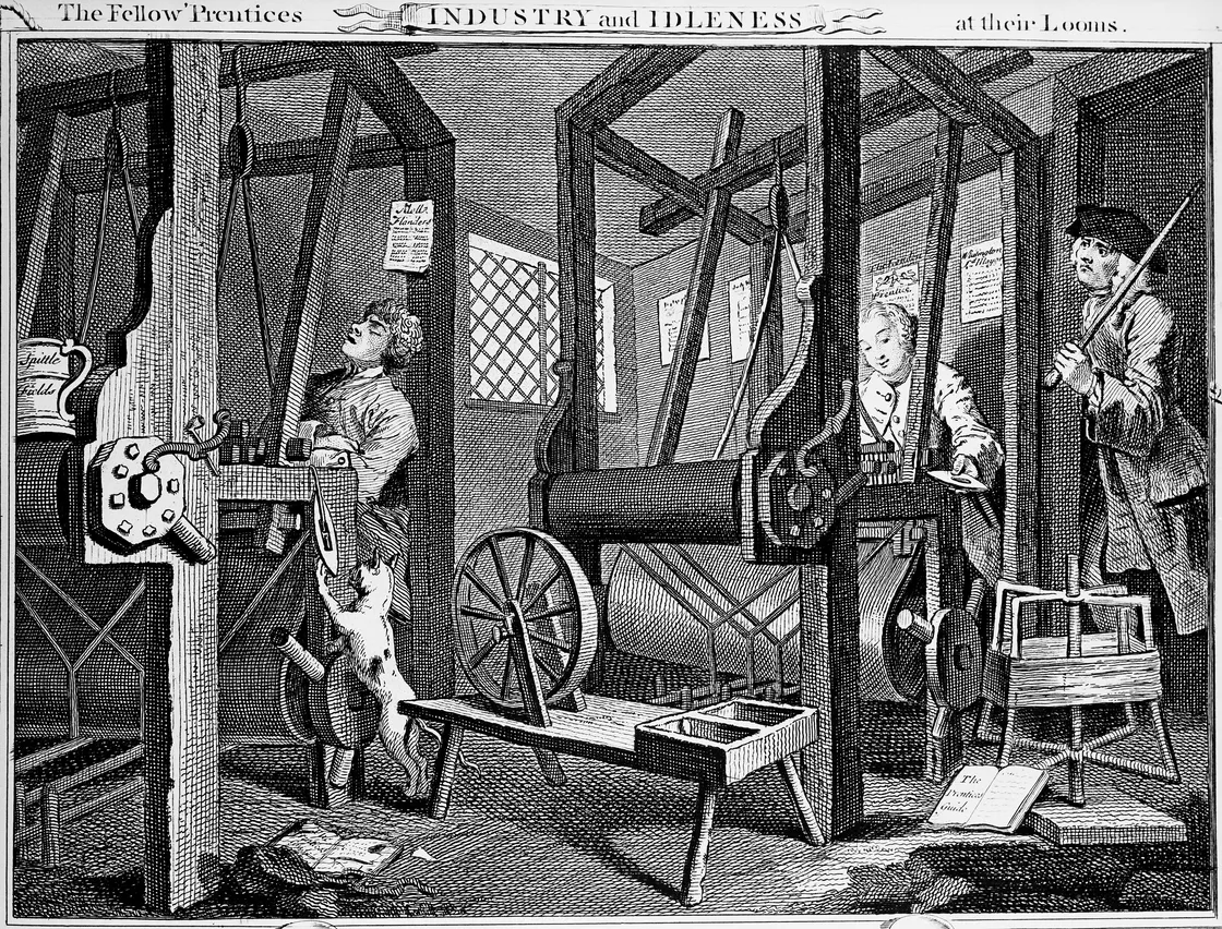 Engraving depicts two men working on looms in a workshop, with a third man watching. Machinery and tools are visible, and a small dog is present. Banners above read "Industry and Idleness.