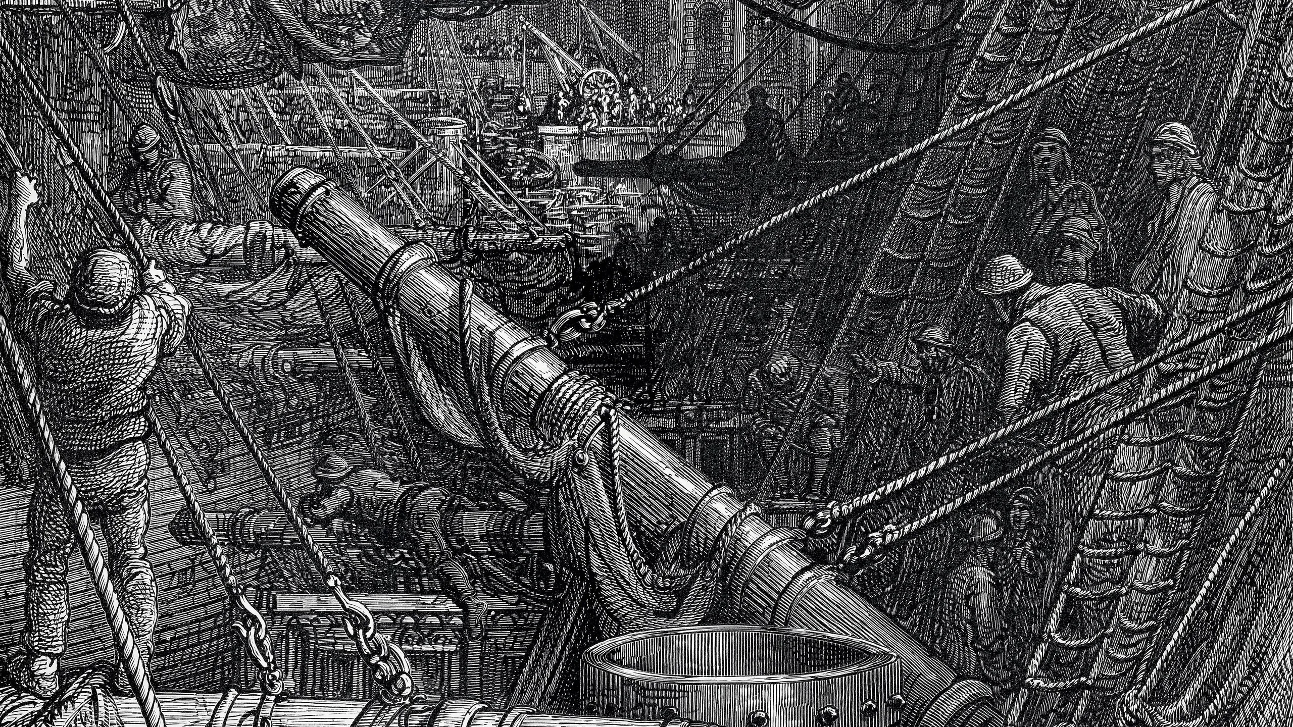 Detailed black and white illustration of sailors operating cannons on a crowded, old-fashioned ship deck, with dynamic rigging and sails overhead.
