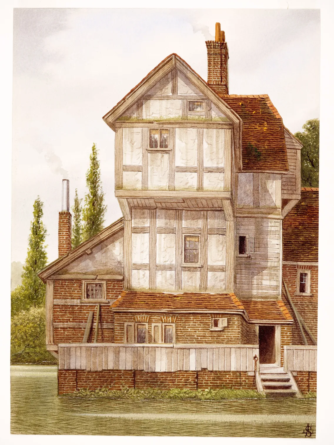 Illustration of a quaint, multi-story tudor-style house with exposed wooden beams and a stepped gable, set against a backdrop of greenery.