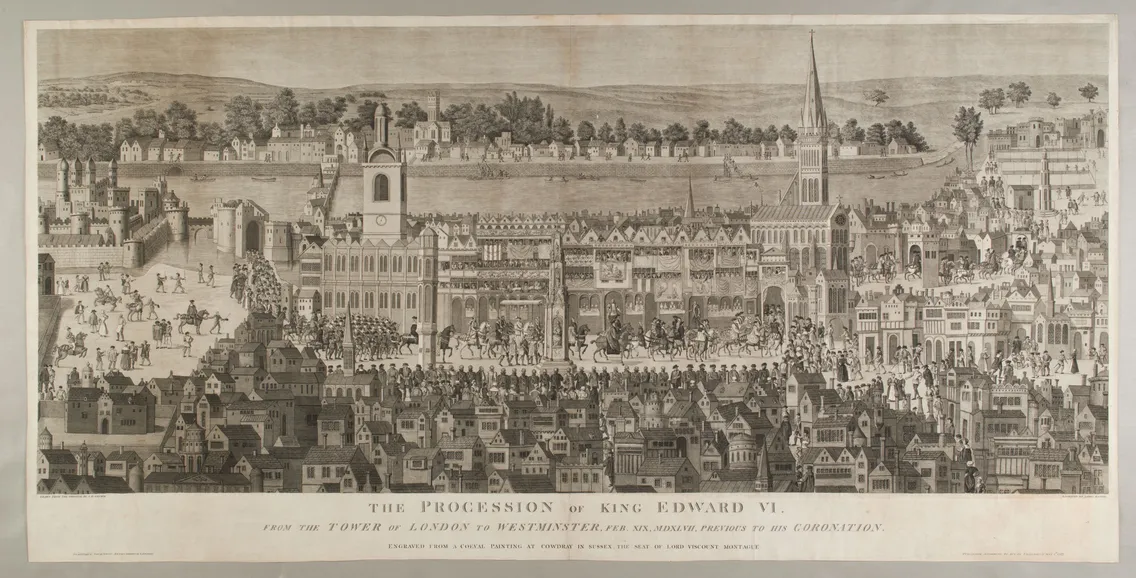 An 18th-century engraving depicting the procession of King Edward VI from the Tower of London to Westminster, showing a royal entourage moving through a crowded city street.