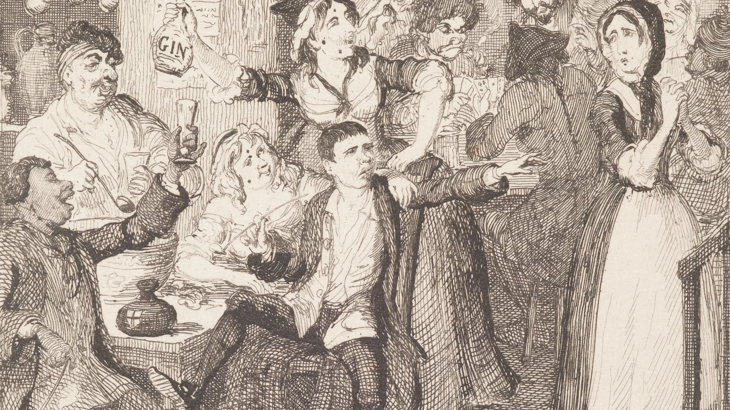 Etching of a bustling 19th-century tavern scene with patrons drinking, socializing, and a woman standing by a doorway.
