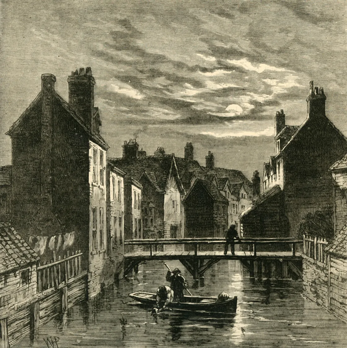 Black and white illustration of a canal lined with houses on either side of the ditch, a small rowboat on the water, and a person standing on a wooden bridge beneath a cloudy sky, evoking the quiet charm of an island village.