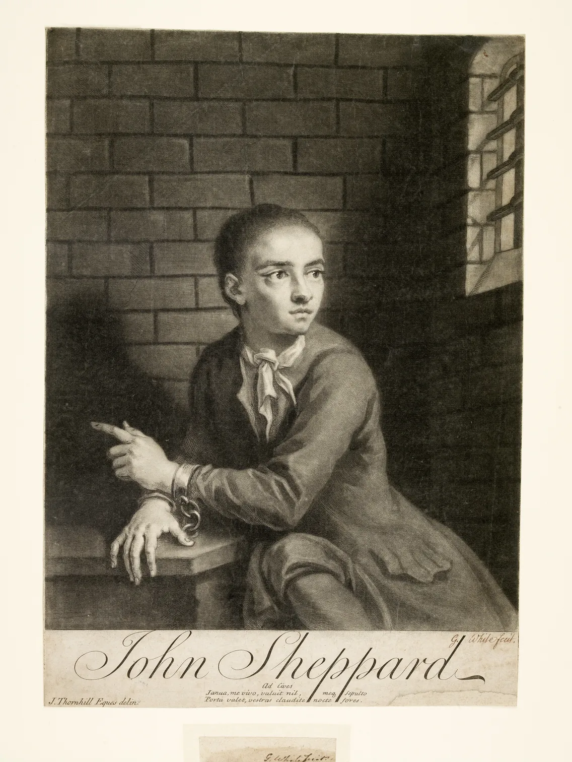 Engraving of John 'Jack' Sheppard, a young man in 18th century attire, in a prison cell, with an anxious expression on his face.