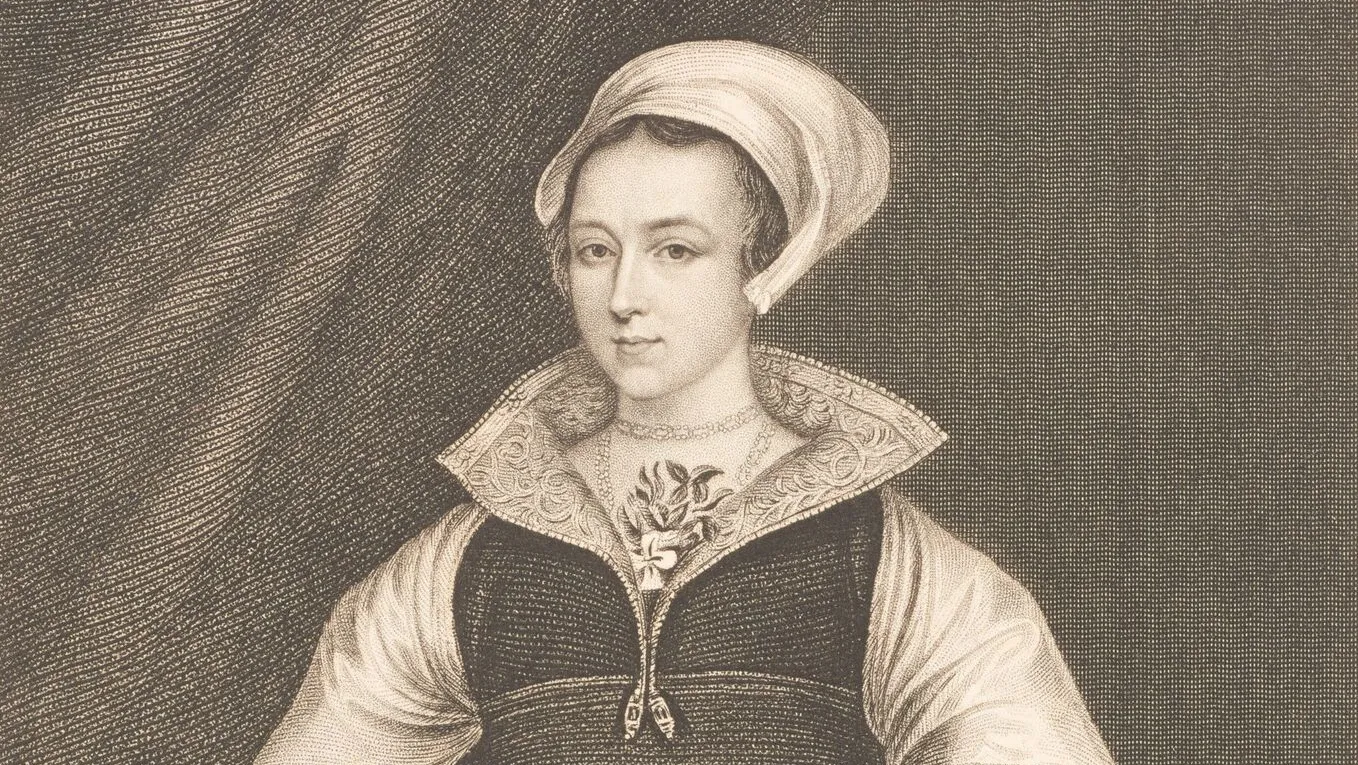 A historical portrait of Lady Jane Grey, dated 1836. The illustration shows her in period attire, with a somber expression, holding a book and surrounded by text describing the image and its origins.