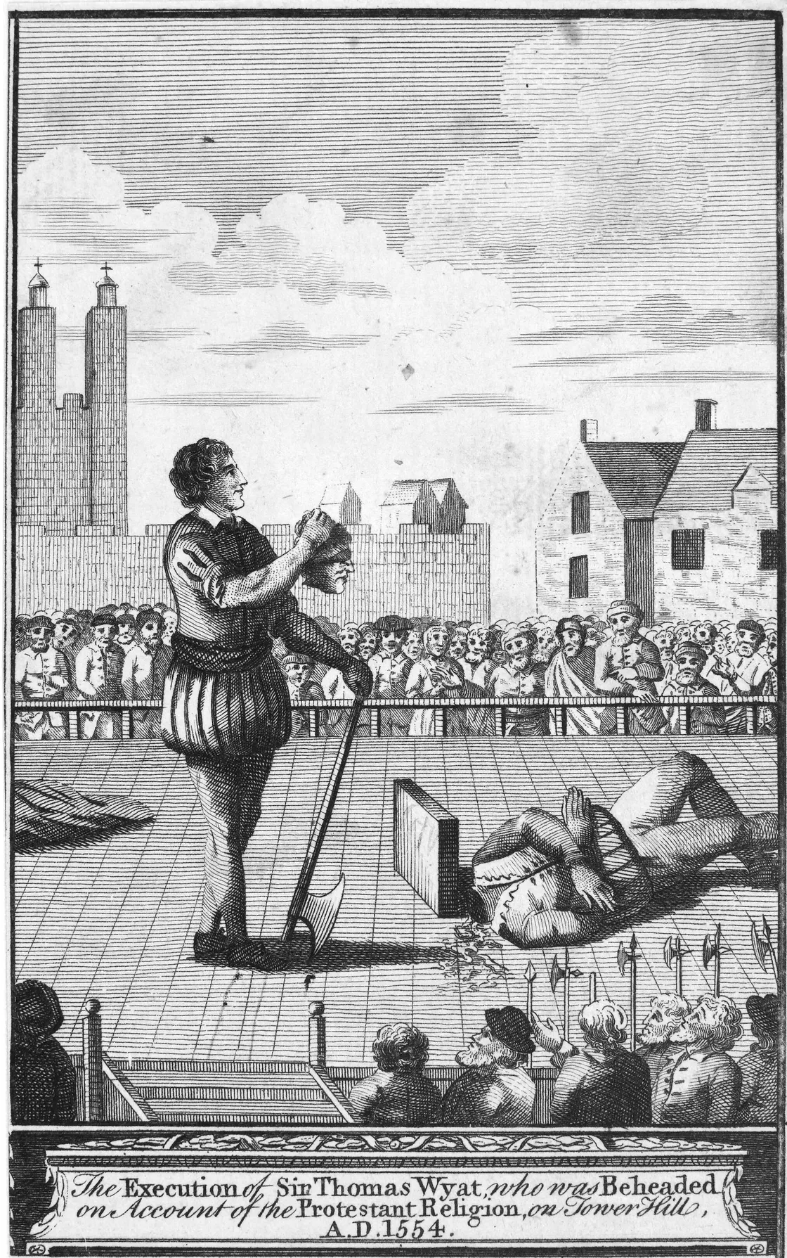 A line drawing showing a person on the floor of a stage, with another holding an axe near him and crowds of people around the stage.